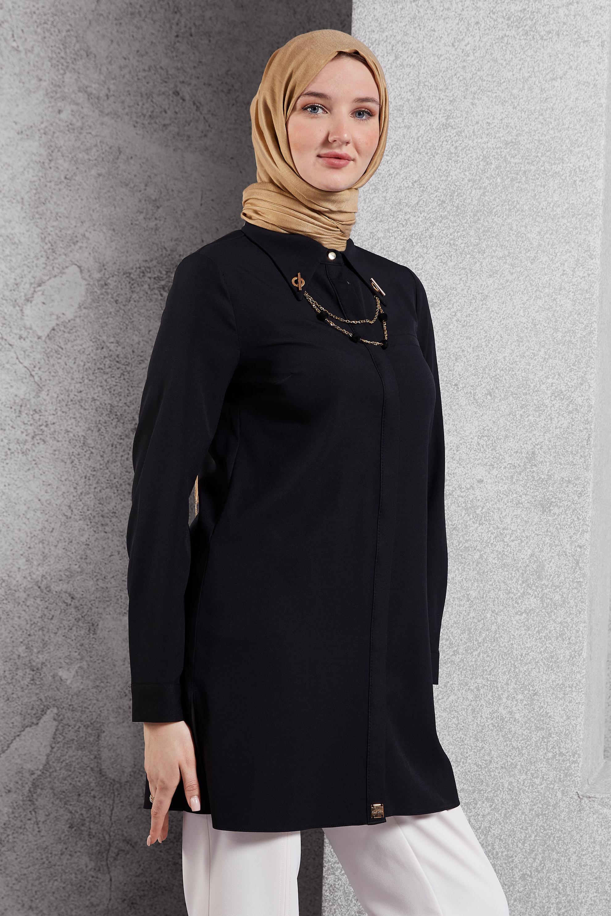 Tesettür giyim SİYAH AKSESUAR DETAYLI TUNİK 45067