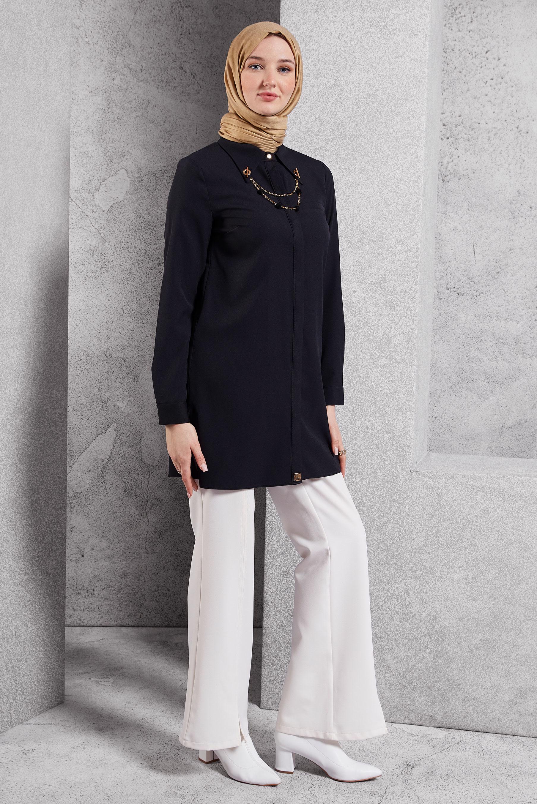 Tesettür giyim SİYAH AKSESUAR DETAYLI TUNİK 45067