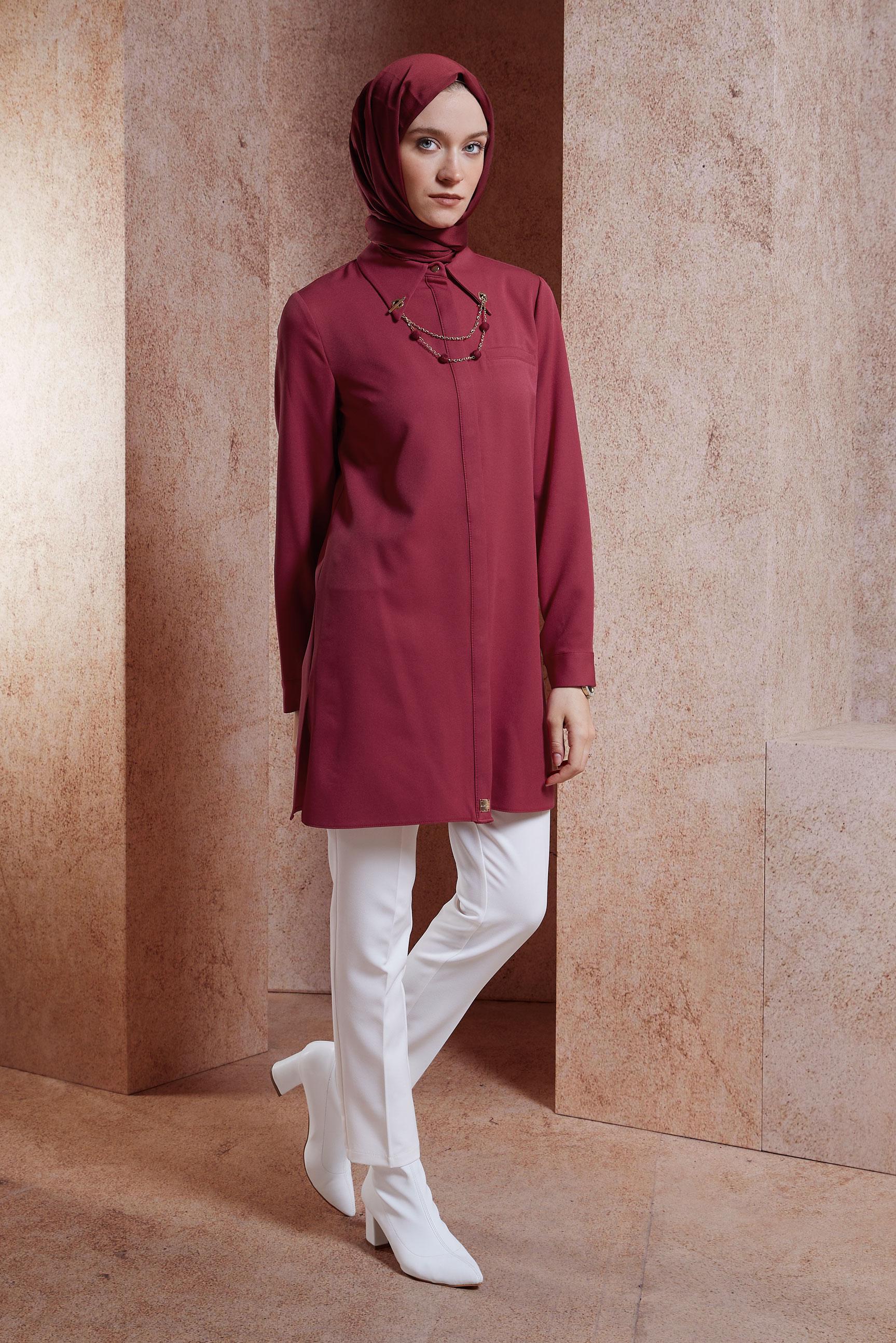 Tesettür giyim FUŞYA AKSESUAR DETAYLI TUNİK 45067