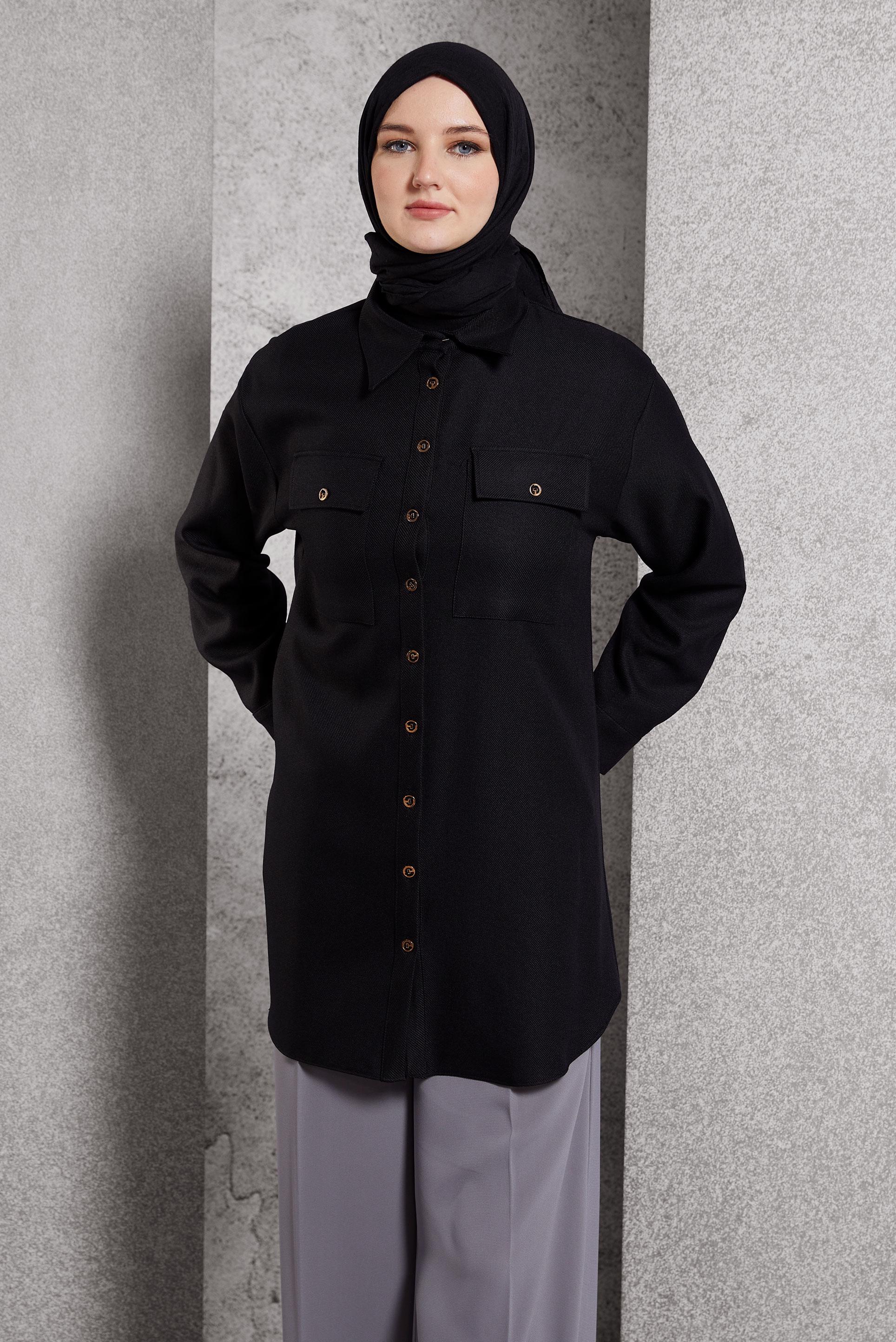 Tesettür giyim SİYAH GÖMLEK YAKA TUNİK 45069
