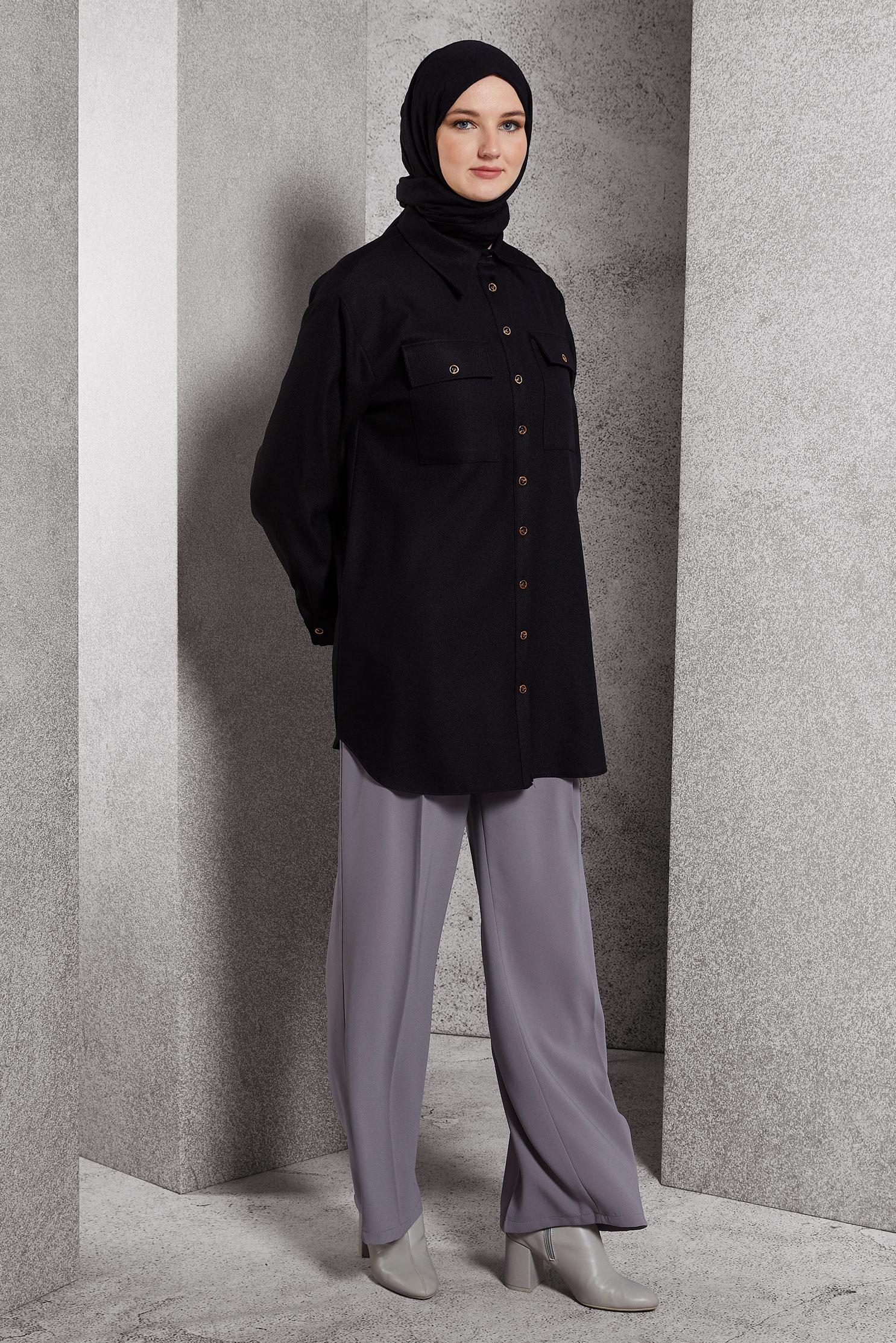 Tesettür giyim SİYAH GÖMLEK YAKA TUNİK 45069