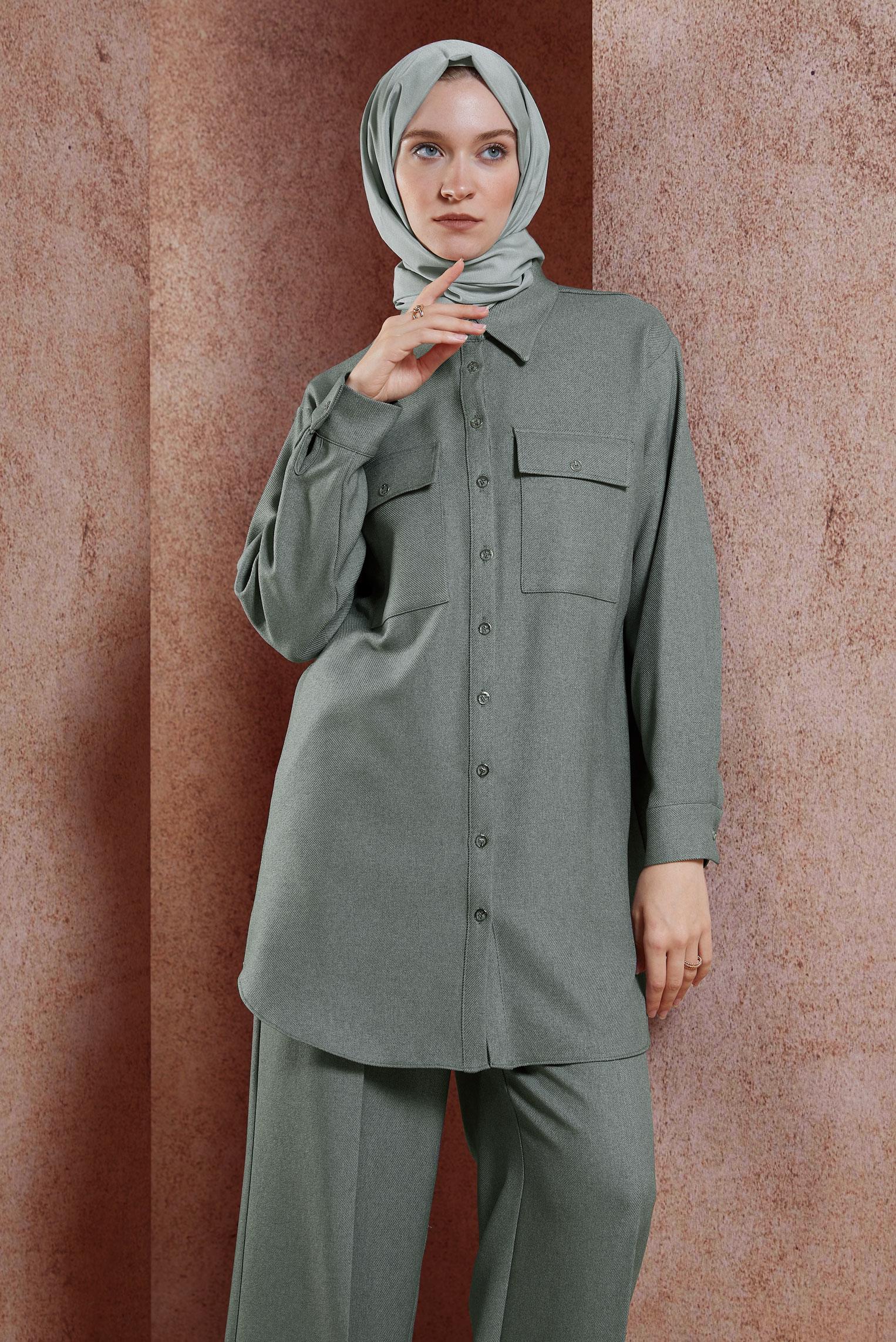 Vêtements hijab GRIS TUNIQUE COL CHEMISE 45069