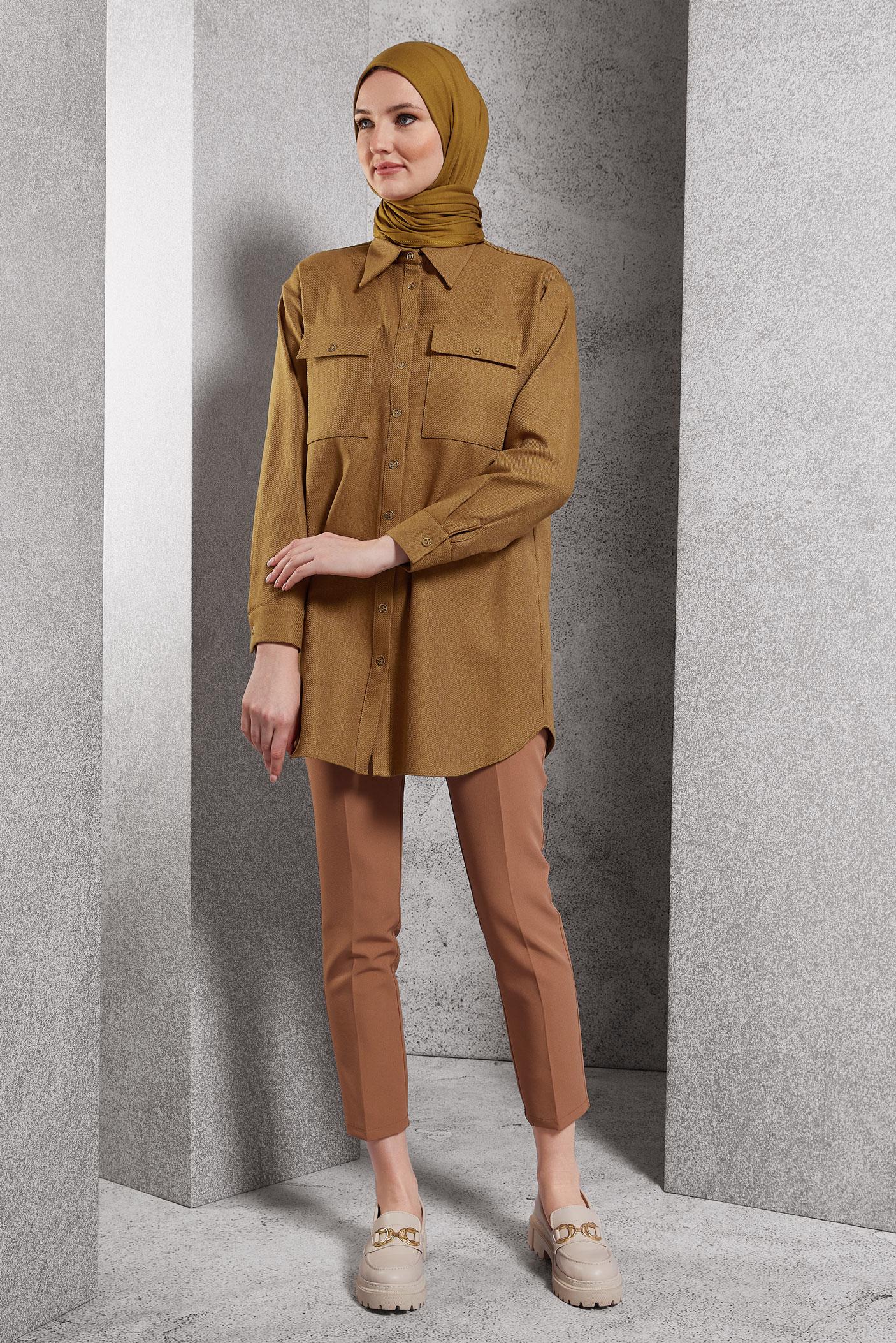 Tesettür giyim SARI GÖMLEK YAKA TUNİK 45069