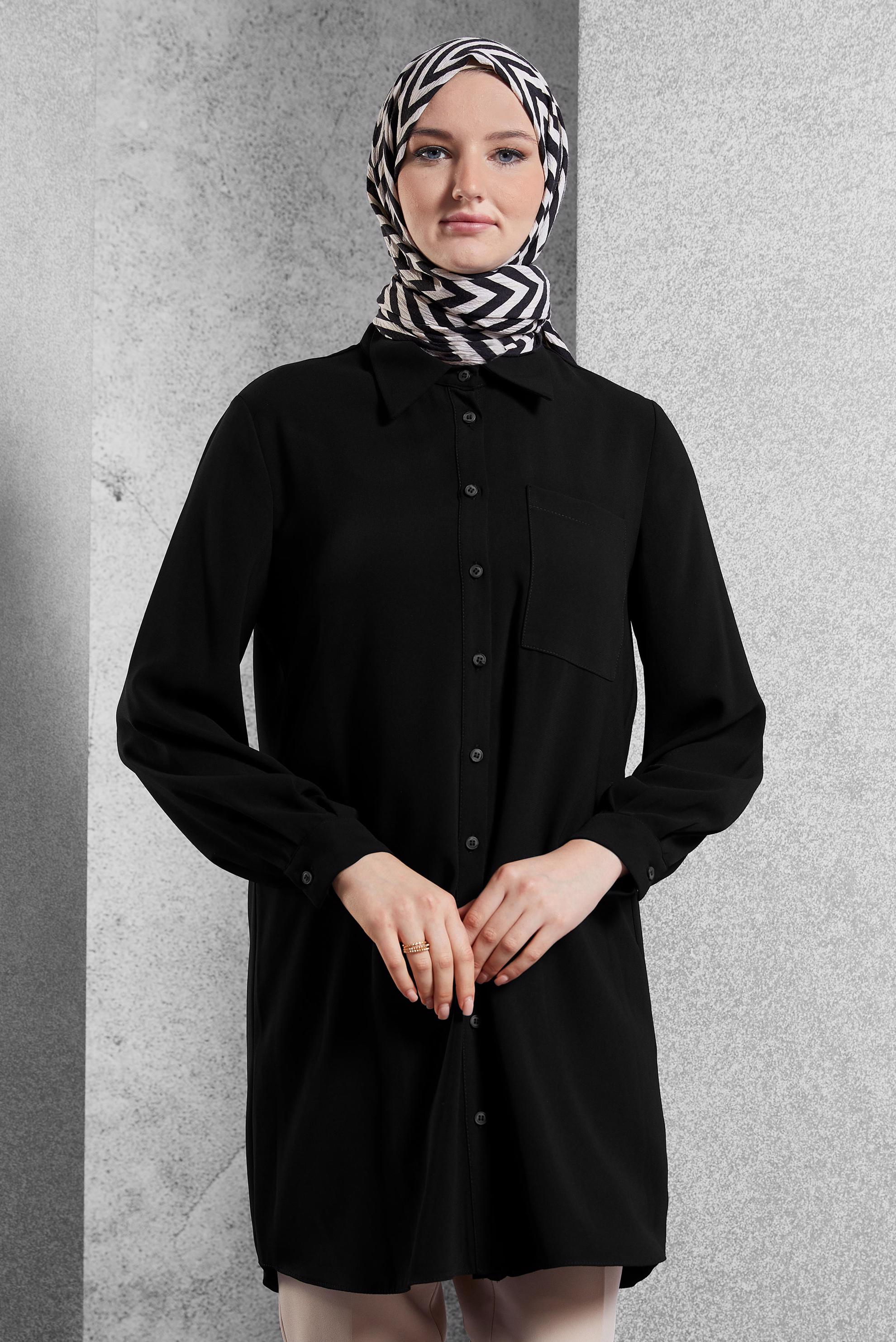 Tesettür giyim SİYAH GÖMLEK YAKA TESETTÜR TUNİK 45073