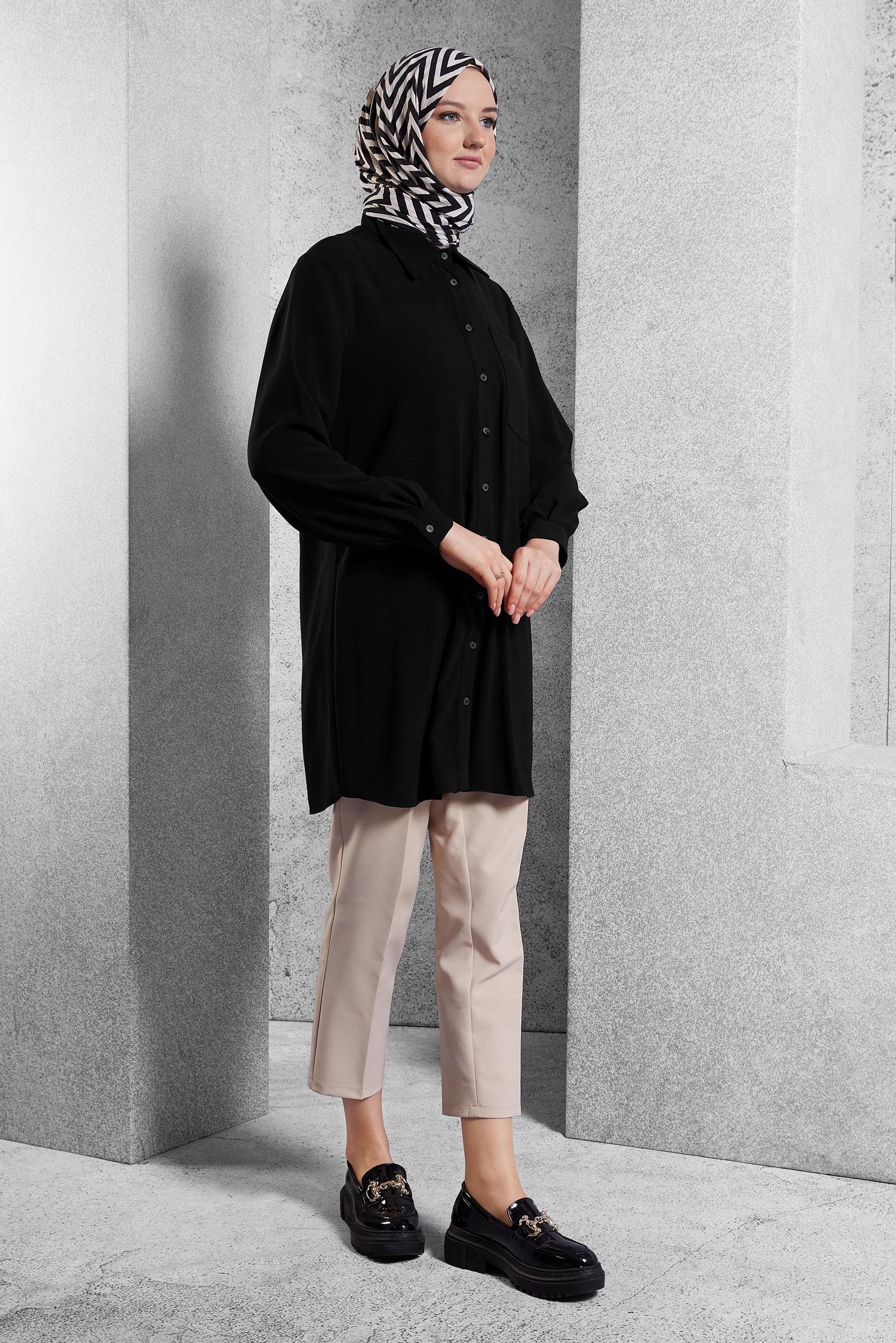 Tesettür giyim SİYAH GÖMLEK YAKA TESETTÜR TUNİK 45073
