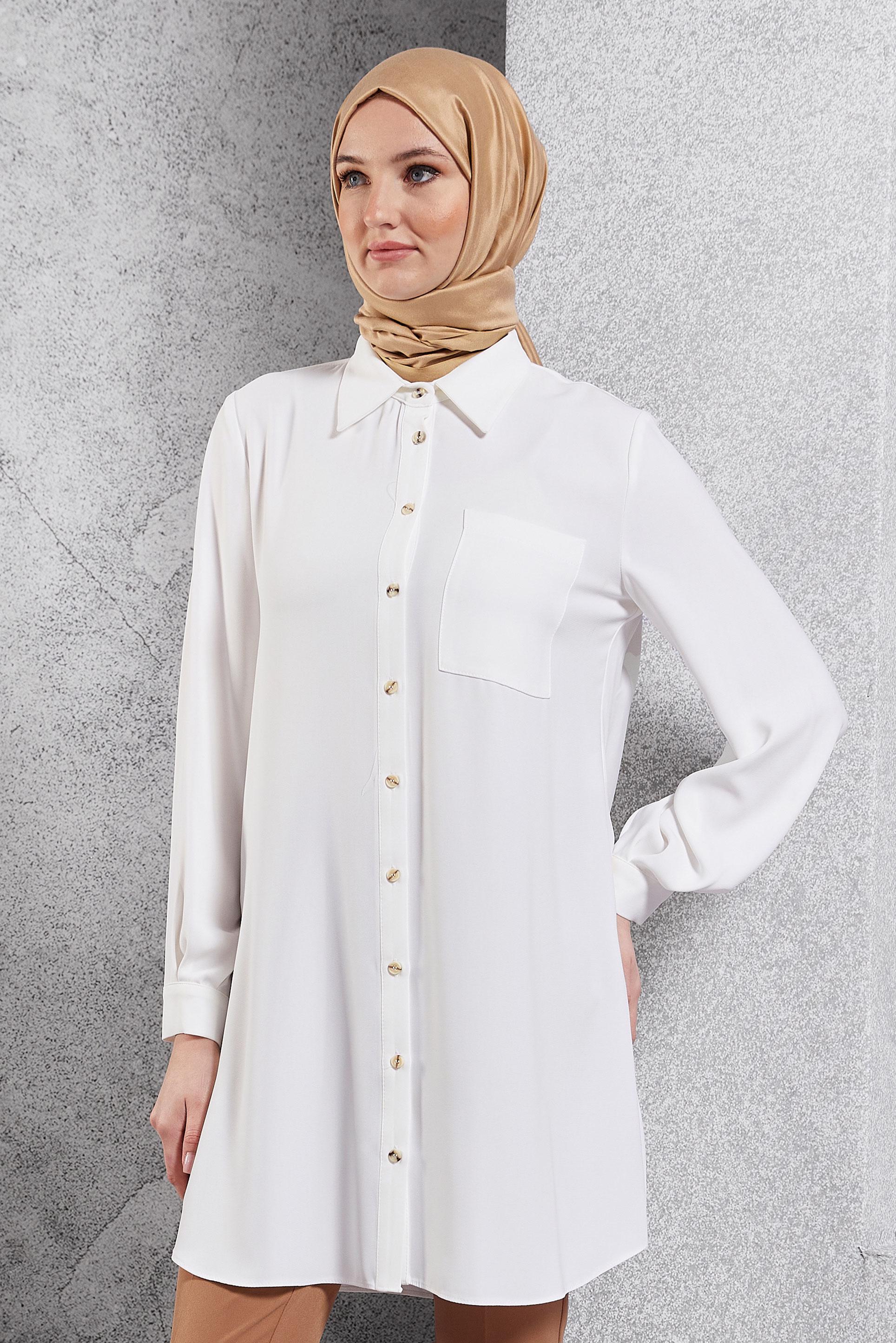 Tesettür giyim BEYAZ GÖMLEK YAKA TESETTÜR TUNİK 45073