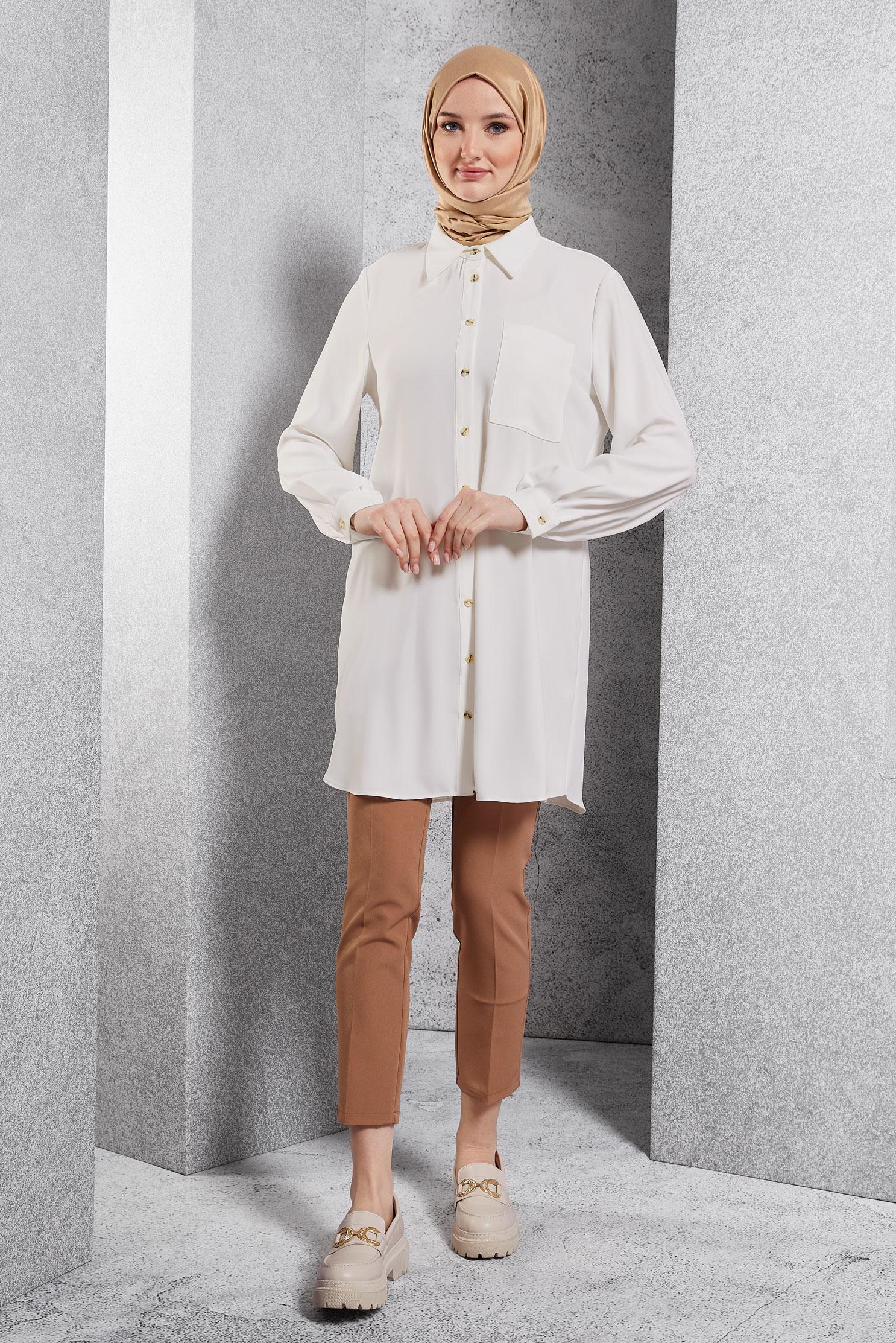 Tesettür giyim BEYAZ GÖMLEK YAKA TESETTÜR TUNİK 45073