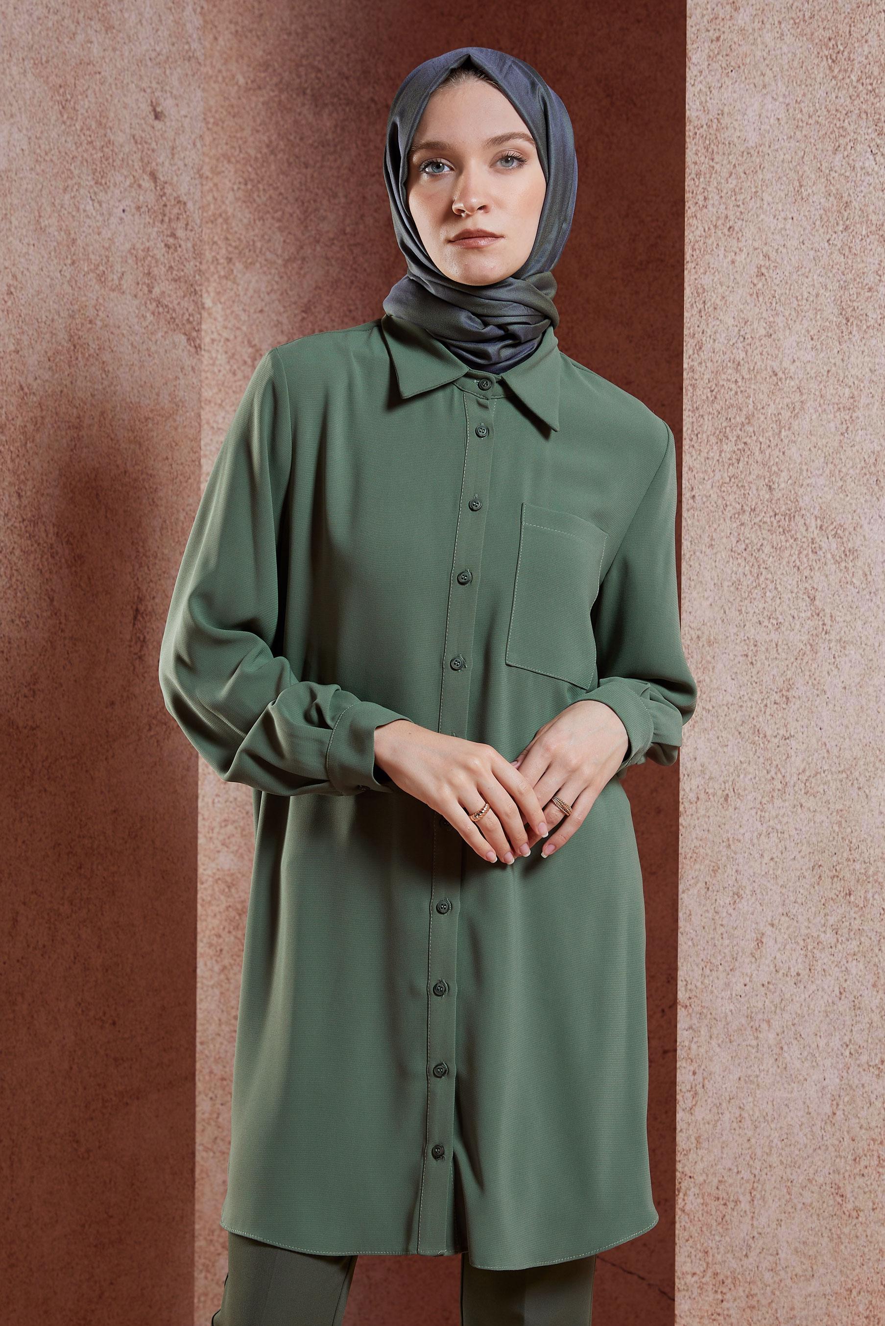 Tesettür giyim HAKİ GÖMLEK YAKA TESETTÜR TUNİK 45073