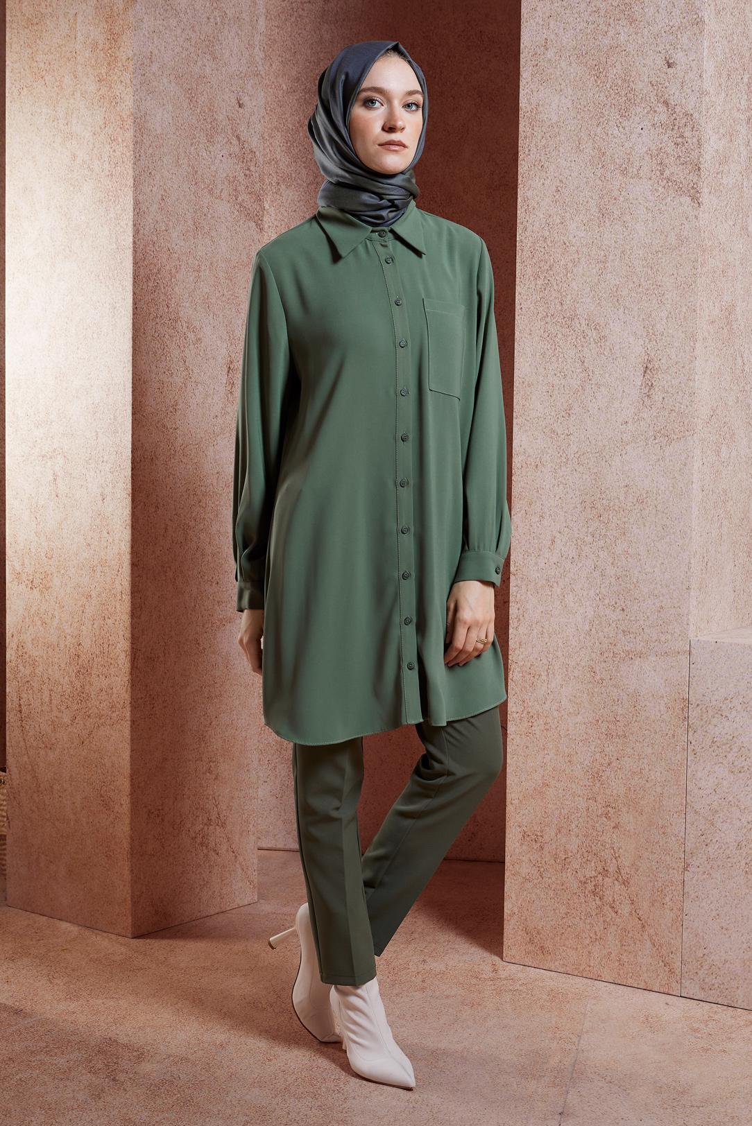 Tesettür giyim HAKİ GÖMLEK YAKA TESETTÜR TUNİK 45073