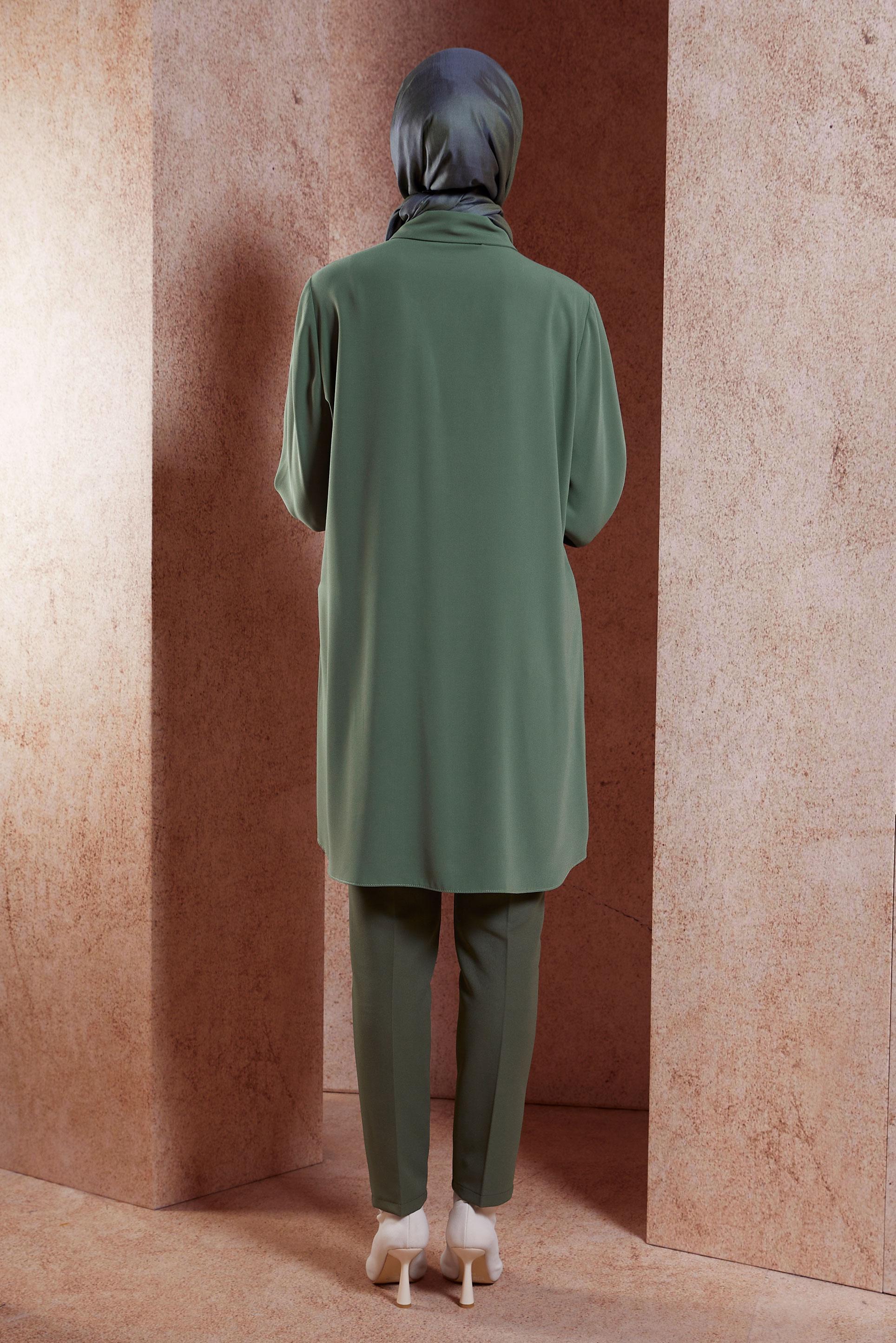 Tesettür giyim HAKİ GÖMLEK YAKA TESETTÜR TUNİK 45073