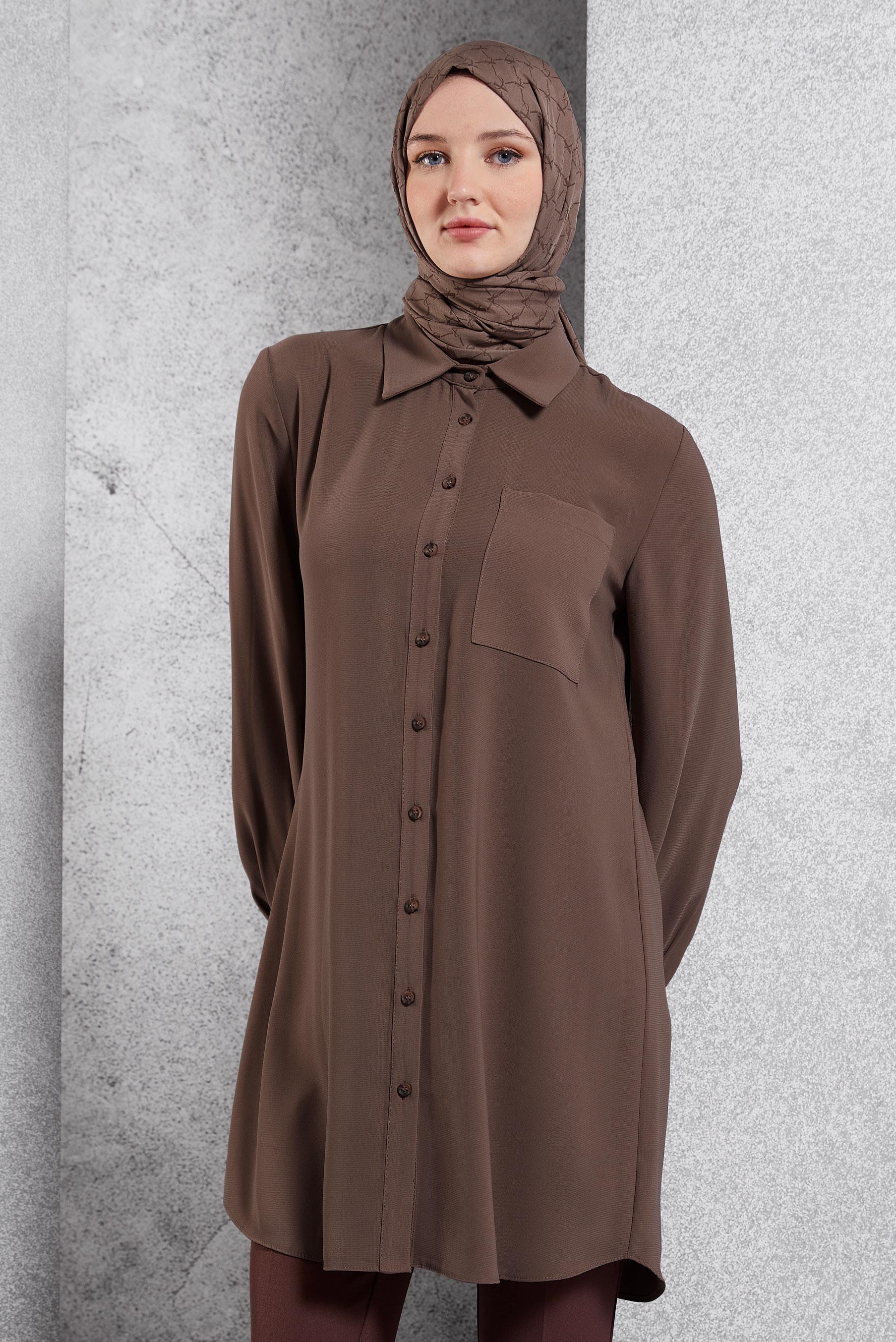 Tesettür giyim VİZON GÖMLEK YAKA TESETTÜR TUNİK 45073