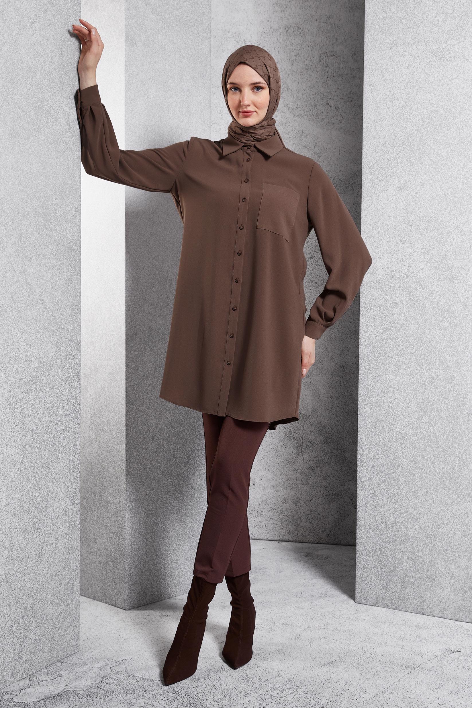 Tesettür giyim VİZON GÖMLEK YAKA TESETTÜR TUNİK 45073