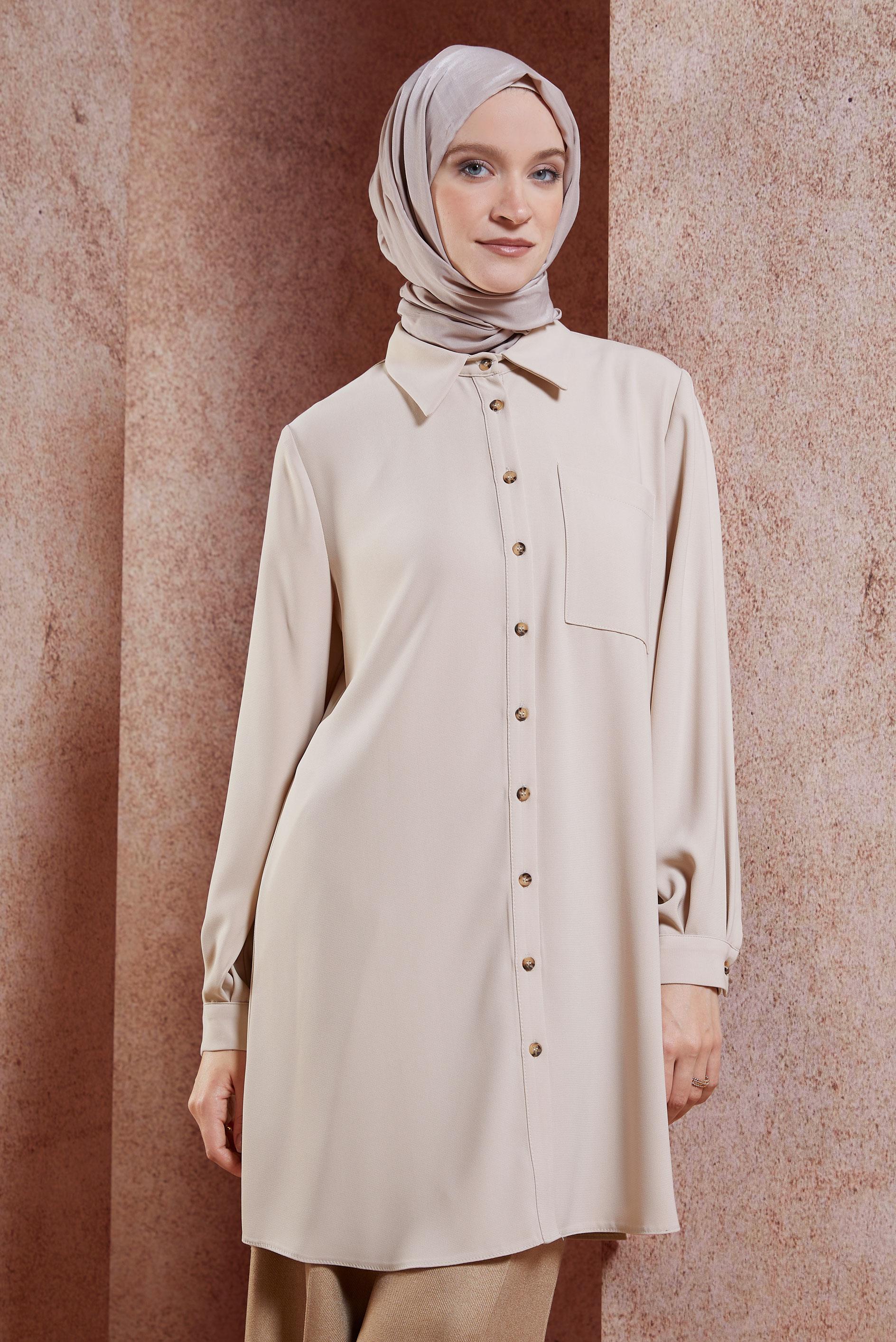 Tesettür giyim BEJ GÖMLEK YAKA TESETTÜR TUNİK 45073