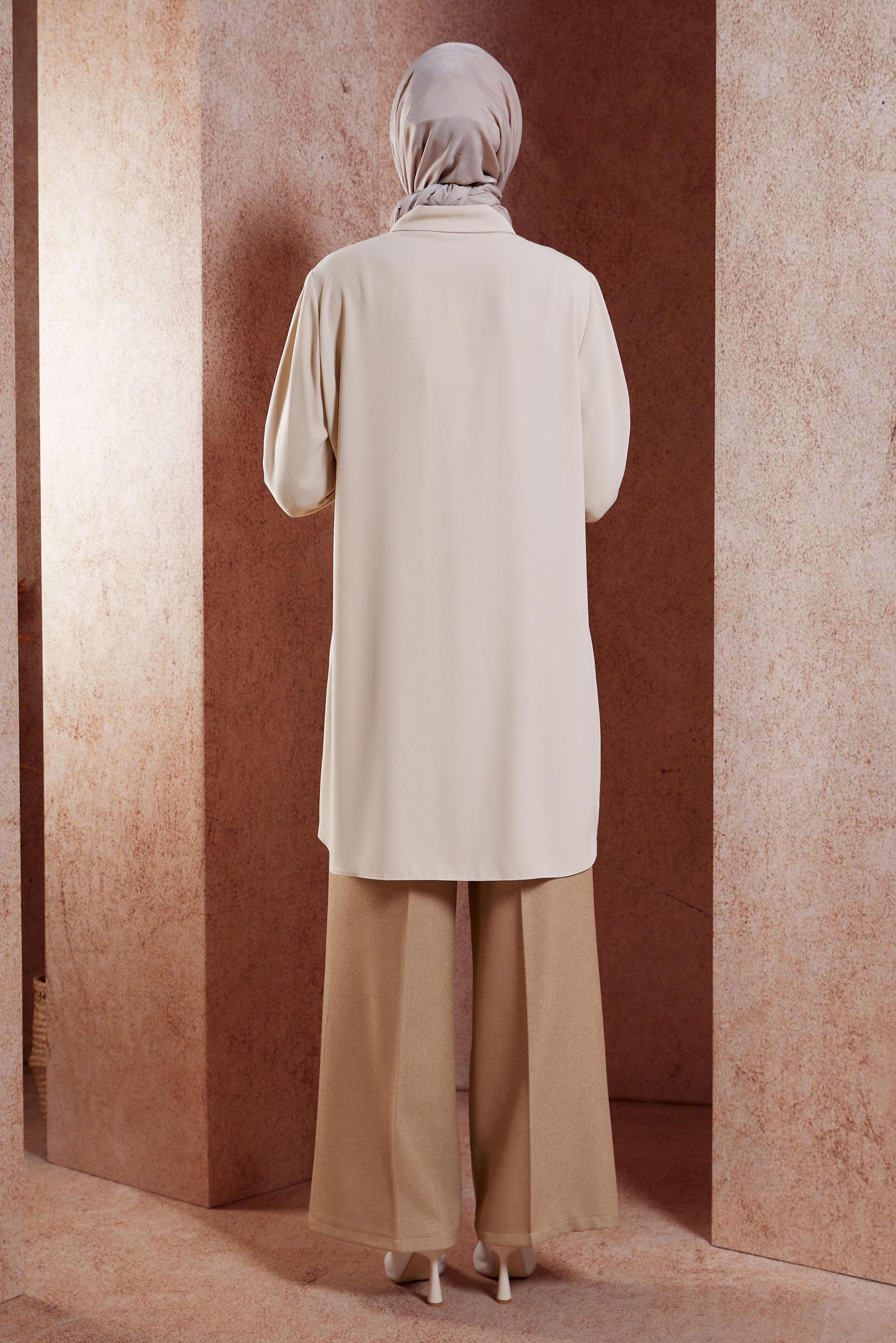 Tesettür giyim BEJ GÖMLEK YAKA TESETTÜR TUNİK 45073