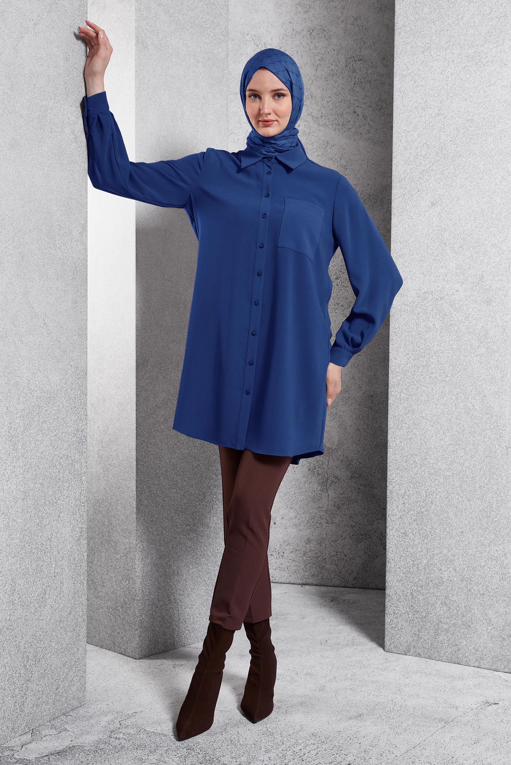 Tesettür giyim LACİVERT GÖMLEK YAKA TESETTÜR TUNİK 45073