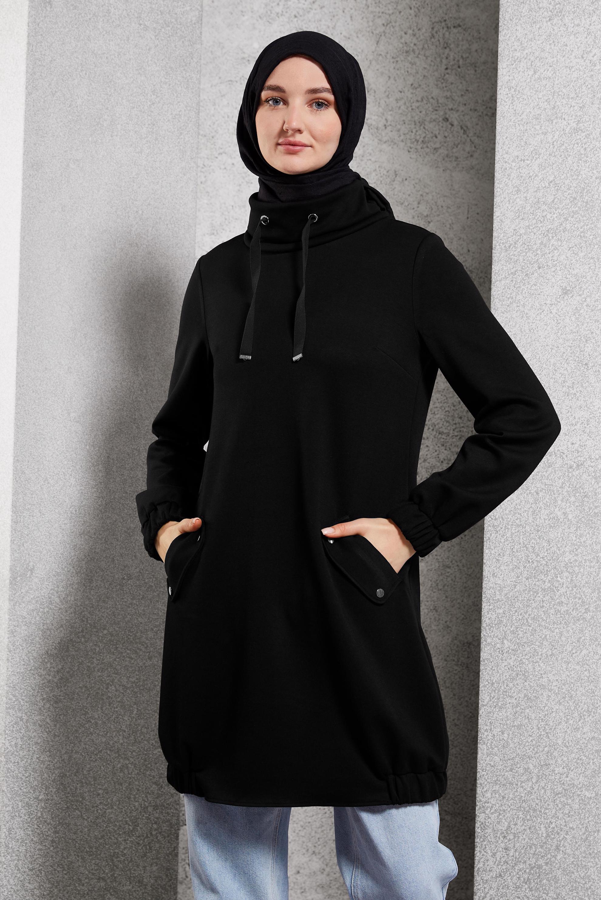 Tesettür giyim SİYAH YAKASI BAĞCIKLI TUNİK 45075