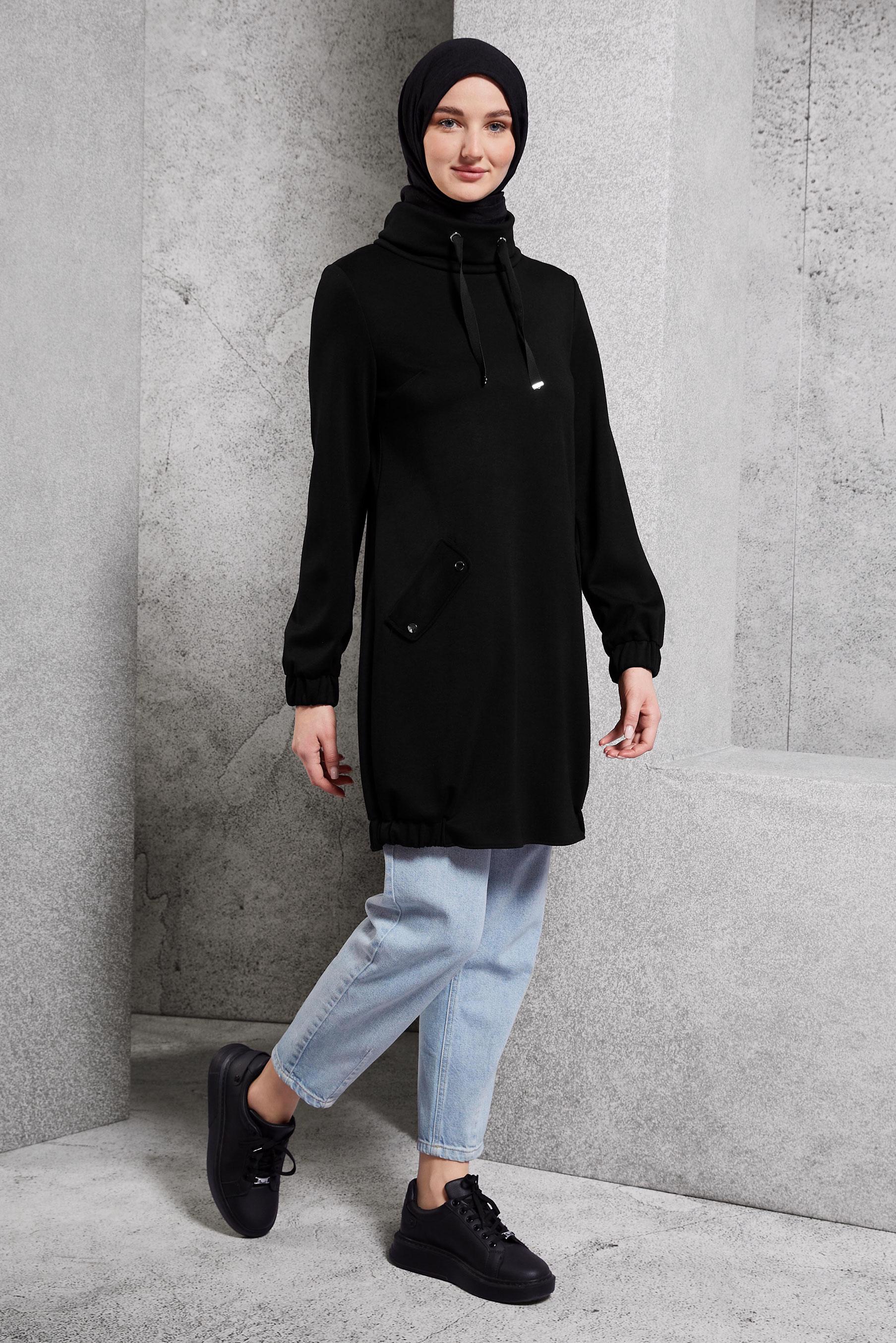 Tesettür giyim SİYAH YAKASI BAĞCIKLI TUNİK 45075