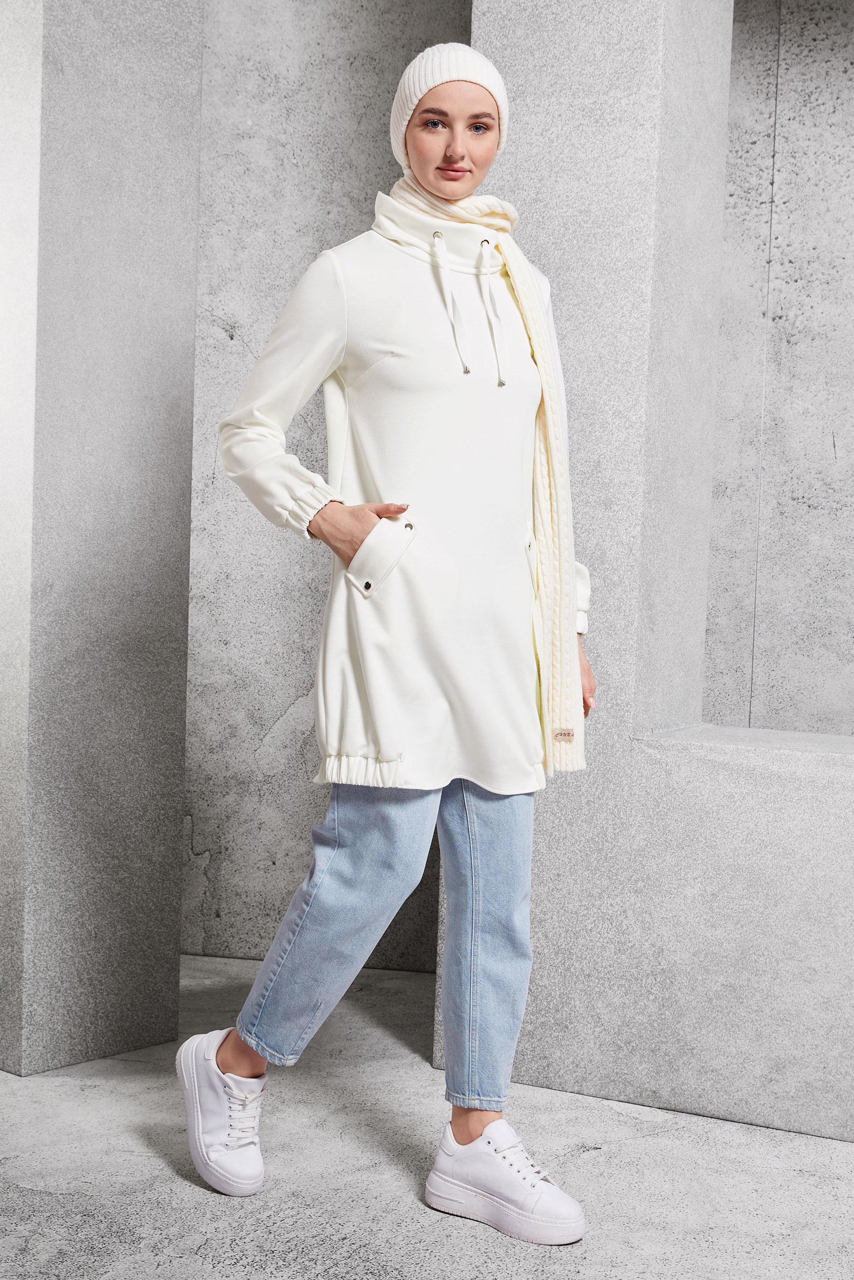 Tesettür giyim BEYAZ YAKASI BAĞCIKLI TUNİK 45075