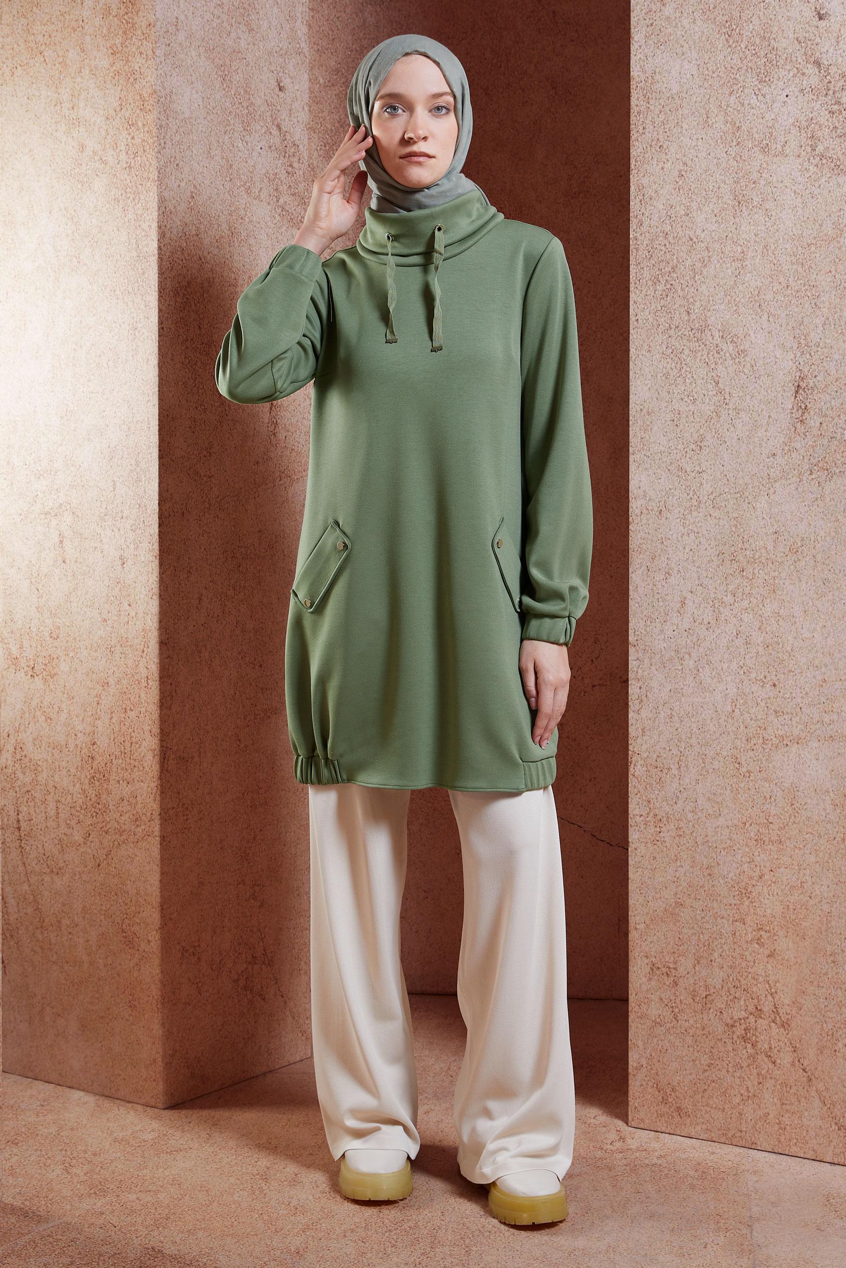 Vêtements hijab KAKI TUNIQUE COL NOUÉ 45075