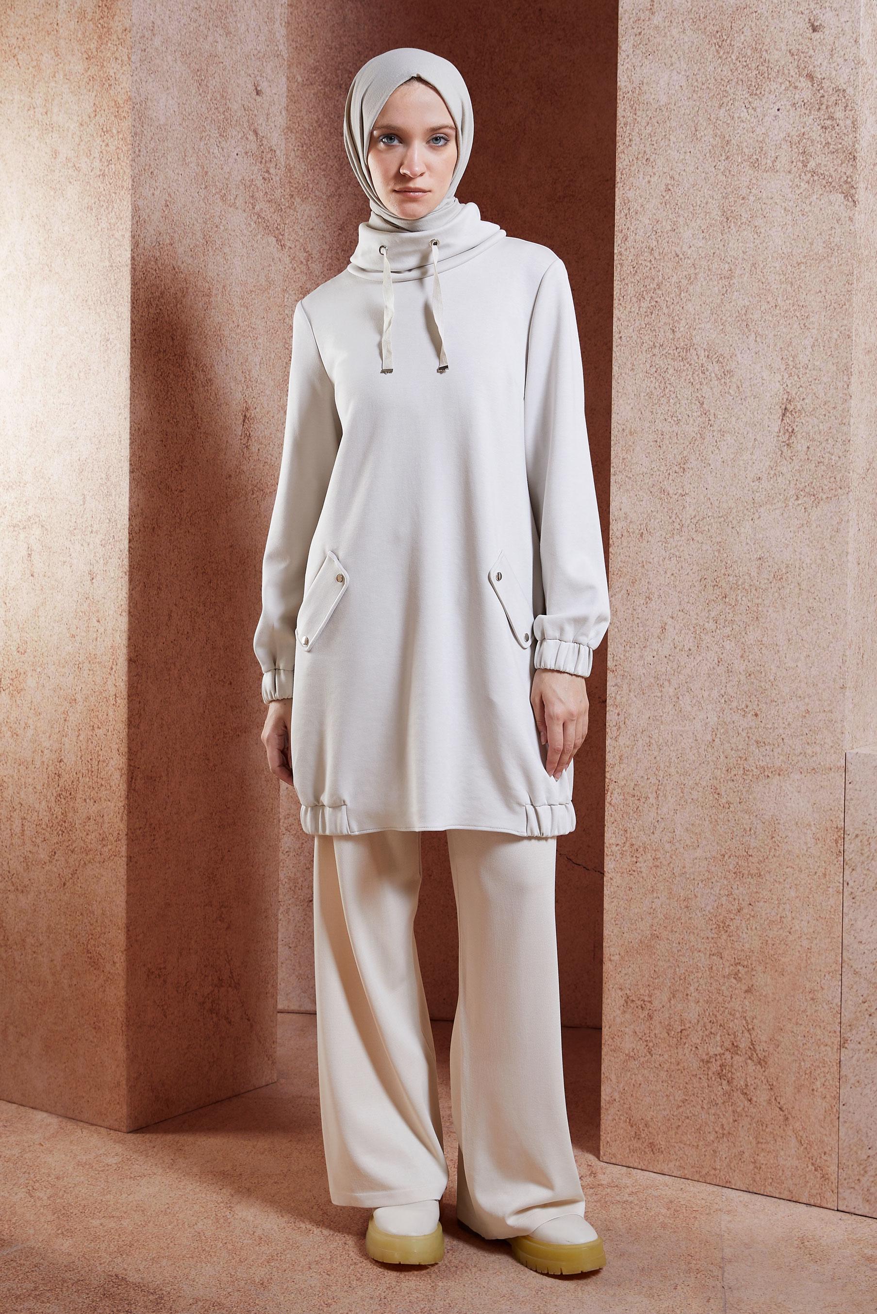 Vêtements hijab BEIGE TUNIQUE COL NOUÉ 45075