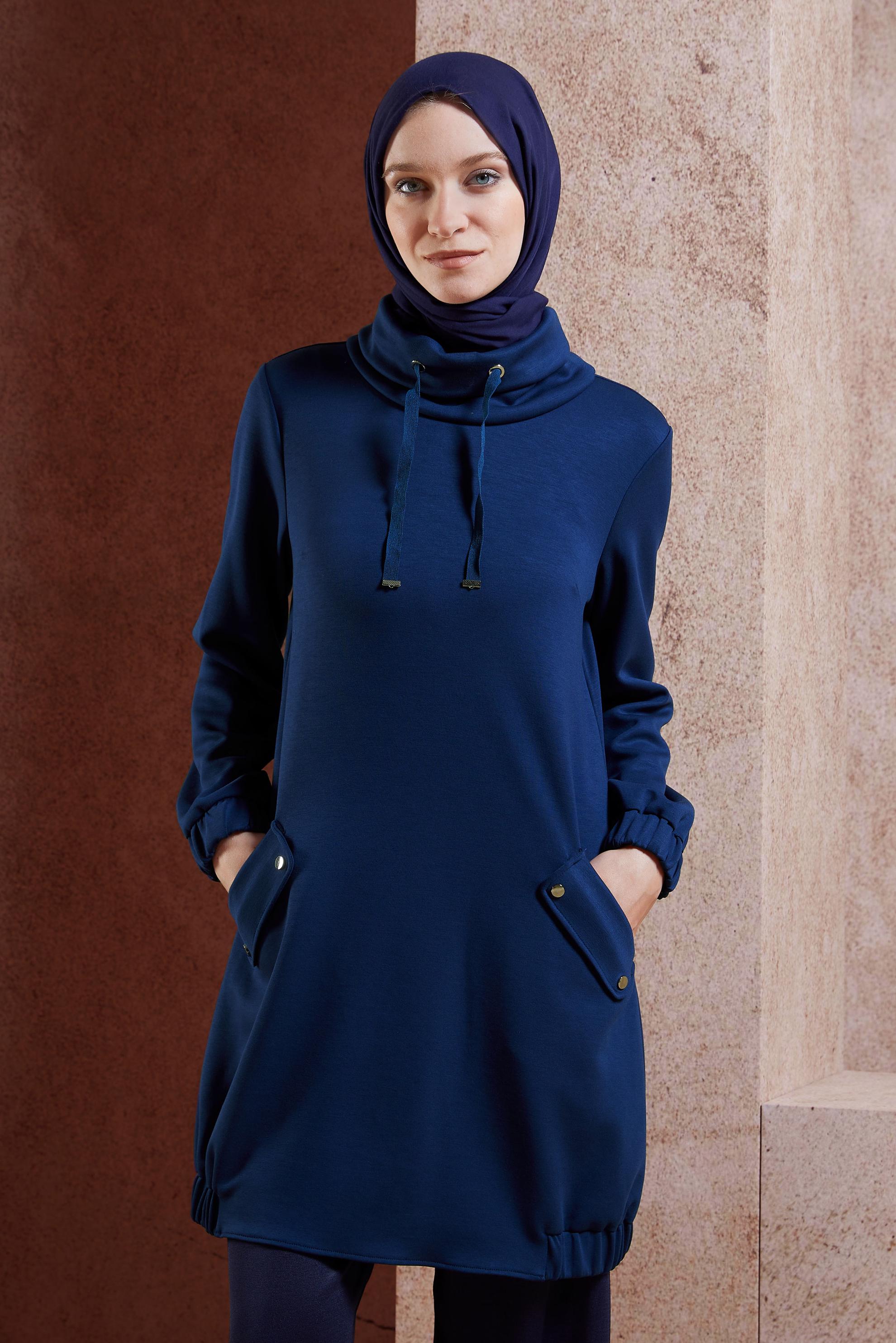 Tesettür giyim LACİVERT YAKASI BAĞCIKLI TUNİK 45075