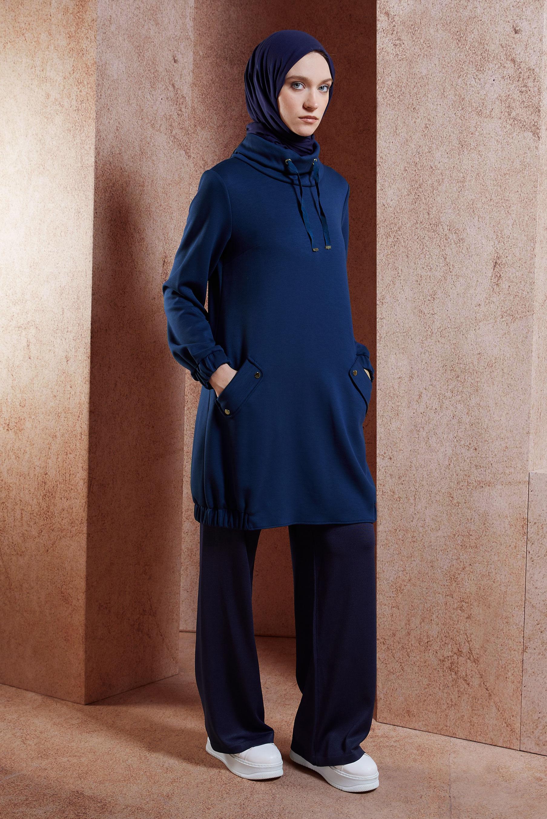 Tesettür giyim LACİVERT YAKASI BAĞCIKLI TUNİK 45075