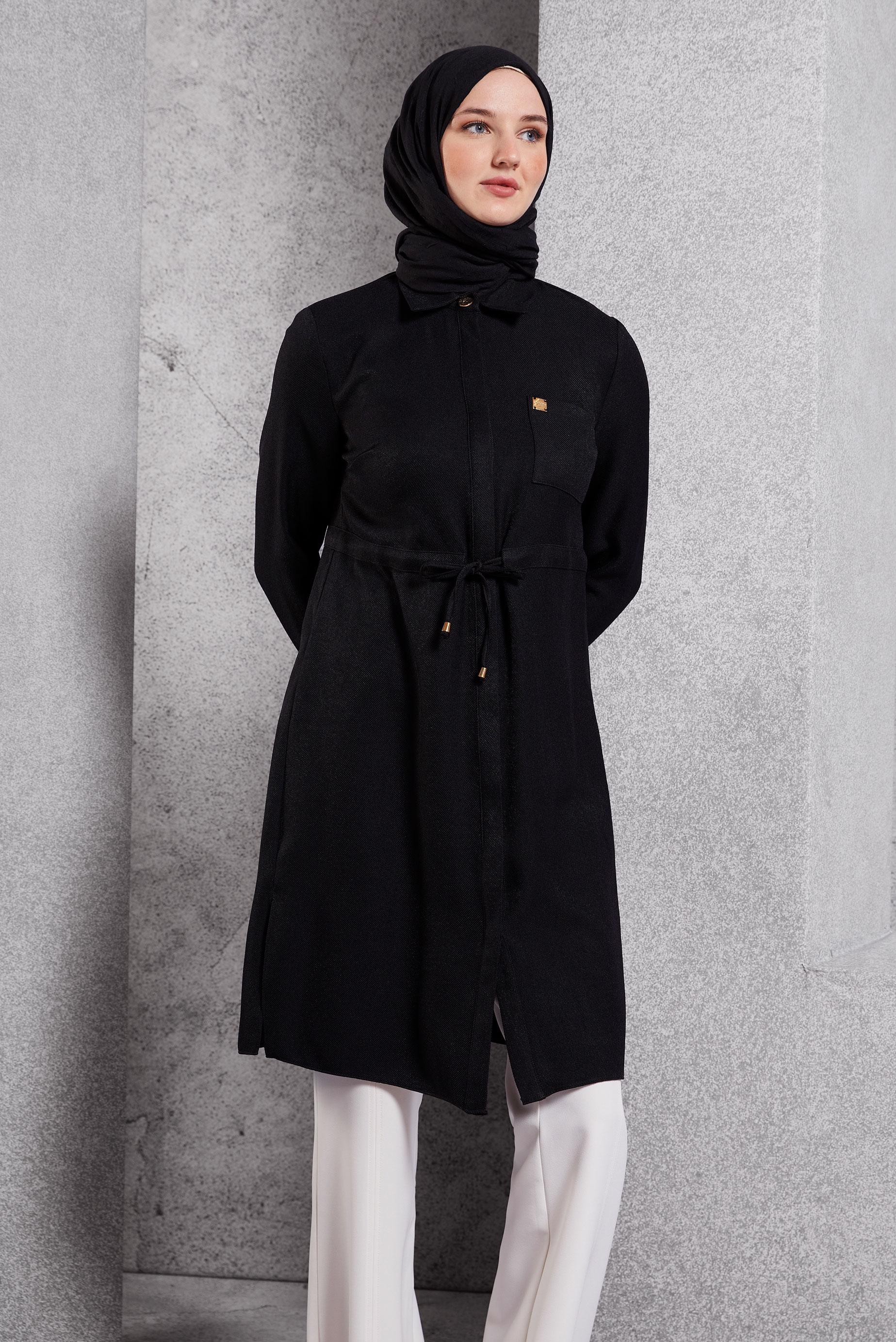 Tesettür giyim SİYAH BELİ BÜZGÜLÜ TUNİK 45076