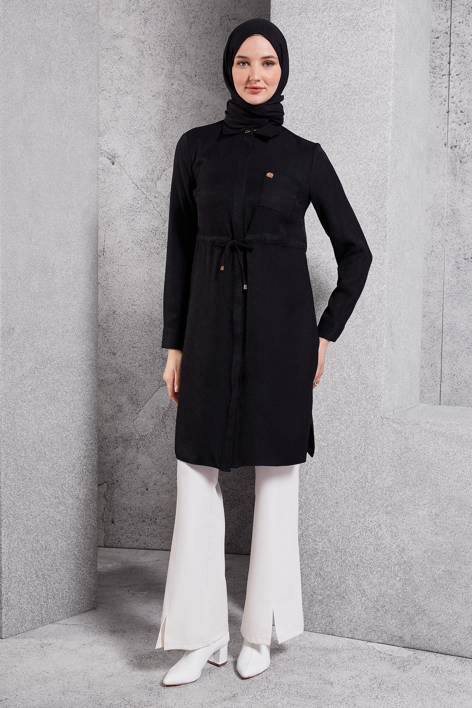 Tesettür giyim SİYAH BELİ BÜZGÜLÜ TUNİK 45076