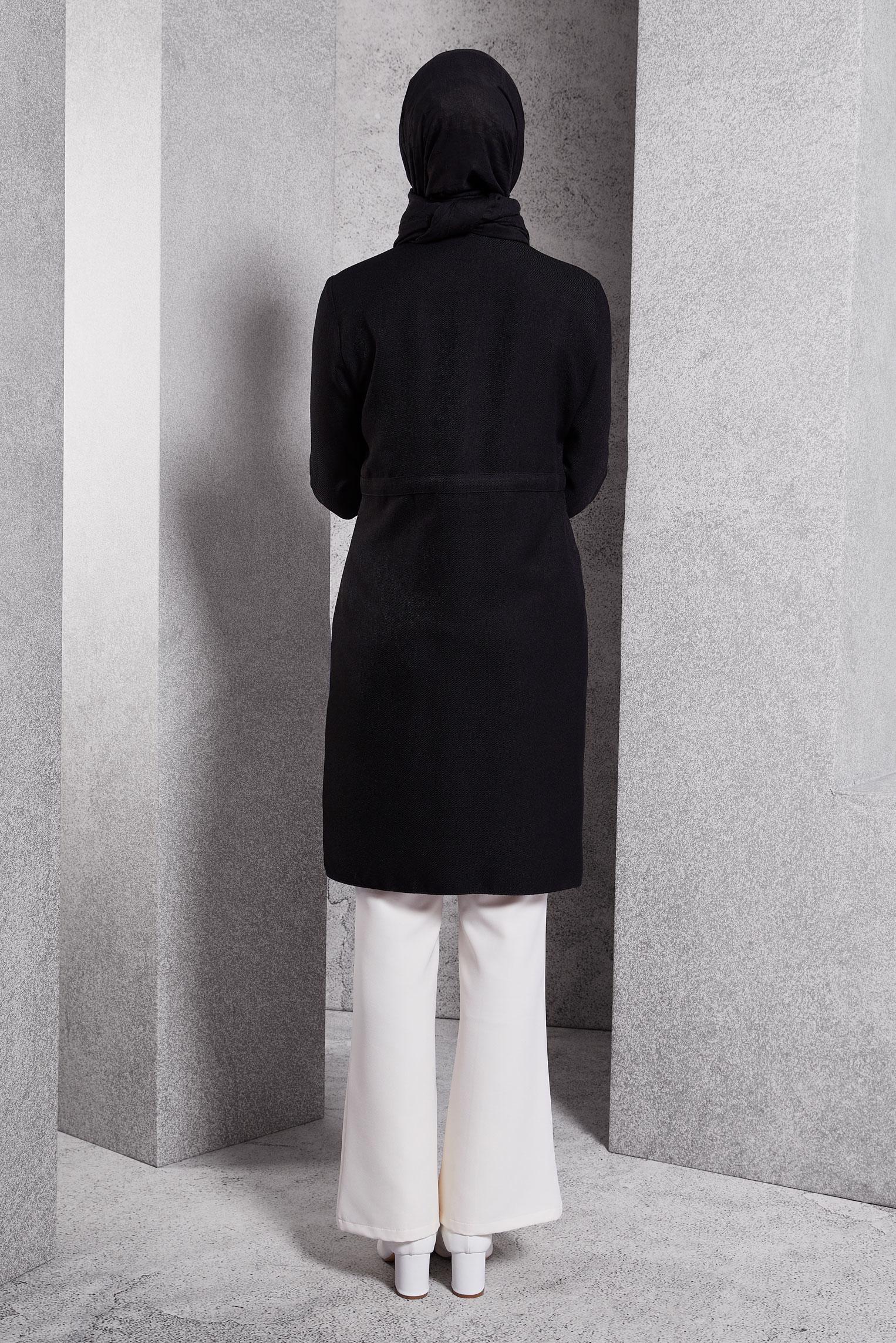 Tesettür giyim SİYAH BELİ BÜZGÜLÜ TUNİK 45076