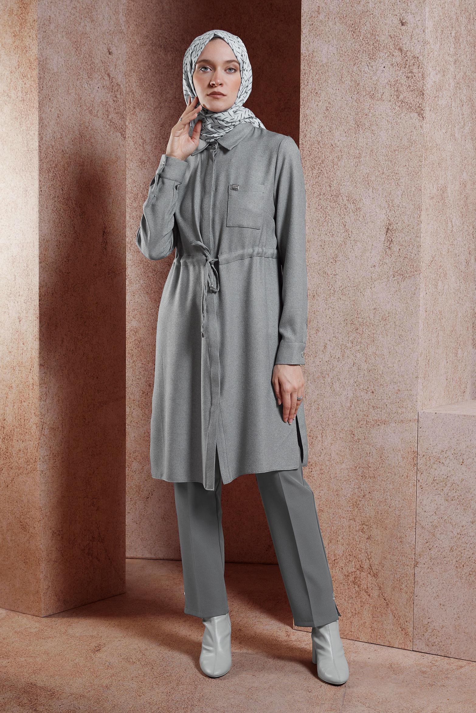 Tesettür giyim GRİ BELİ BÜZGÜLÜ TUNİK 45076