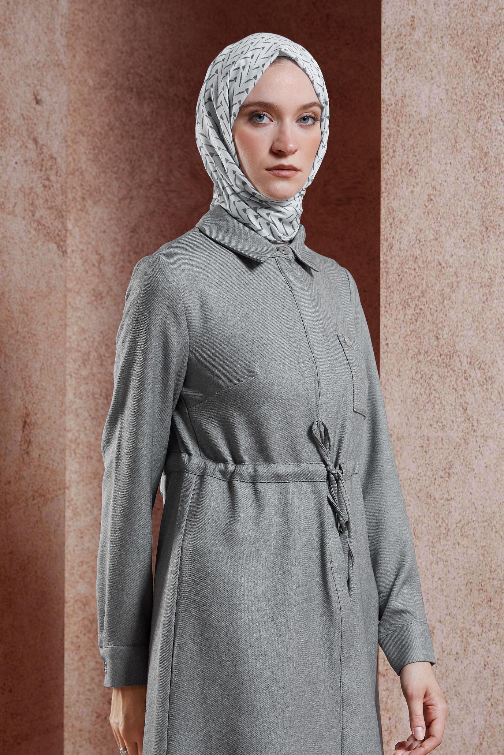 Tesettür giyim GRİ BELİ BÜZGÜLÜ TUNİK 45076