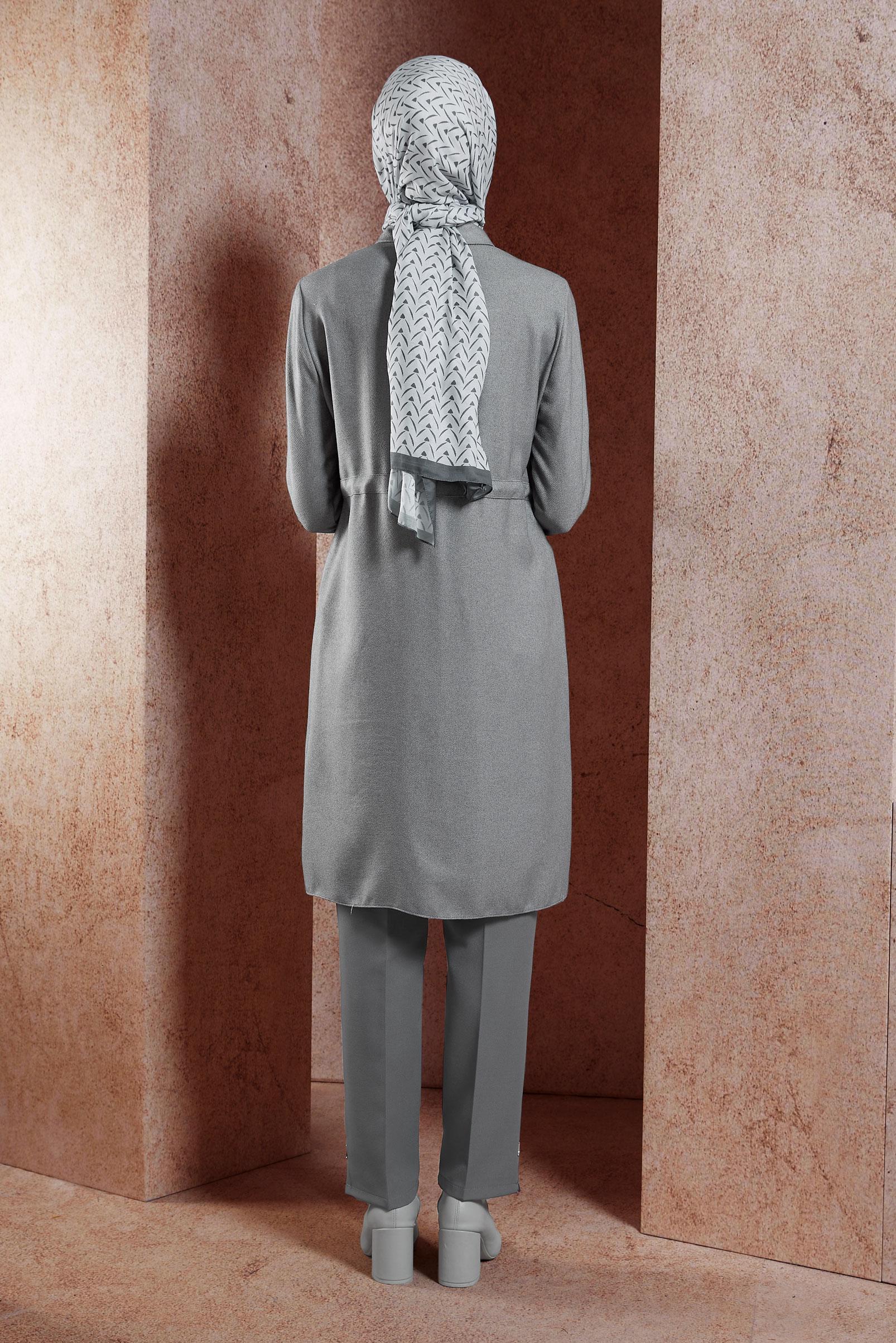 Tesettür giyim GRİ BELİ BÜZGÜLÜ TUNİK 45076