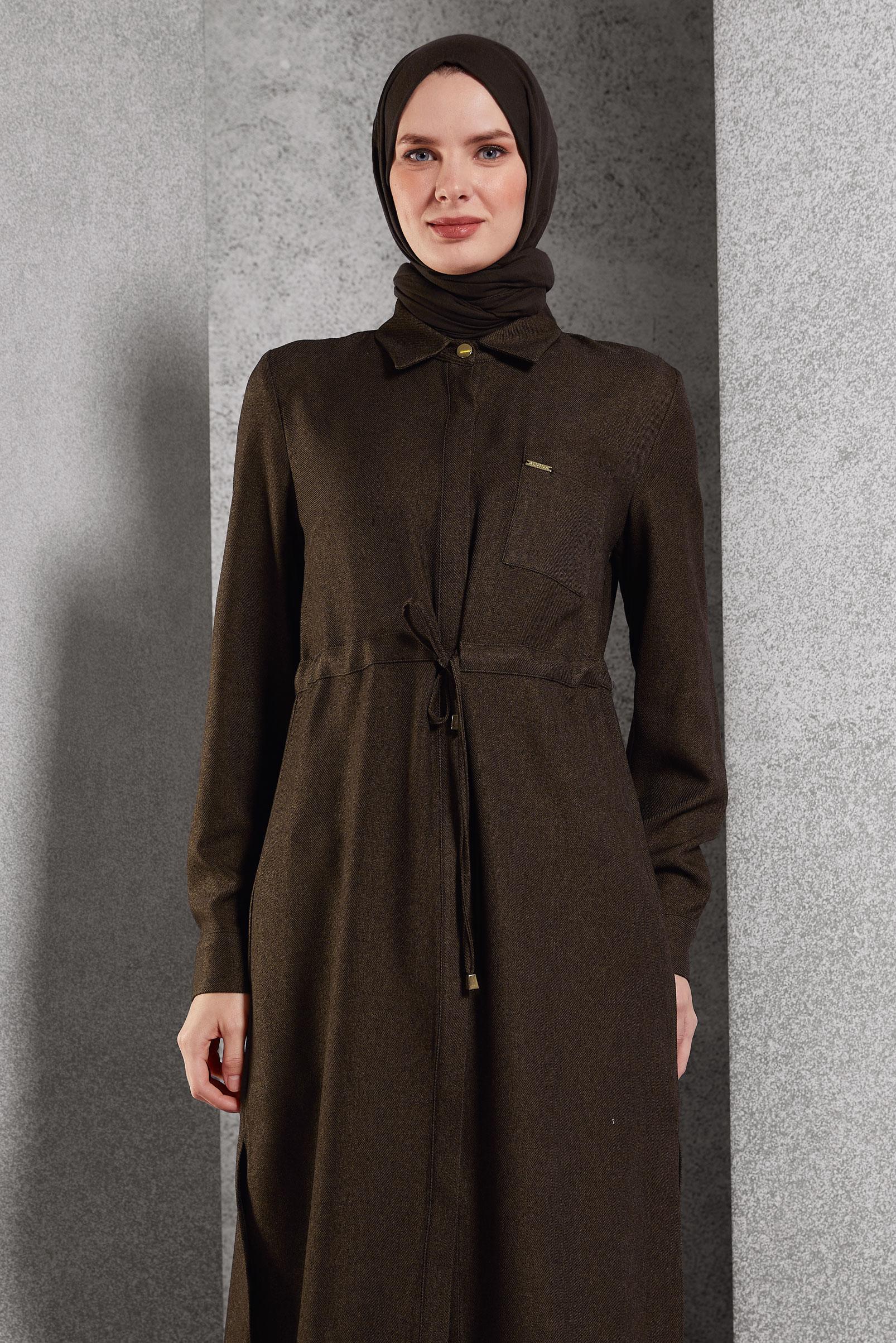 Tesettür giyim KAHVE BELİ BÜZGÜLÜ TUNİK 45076