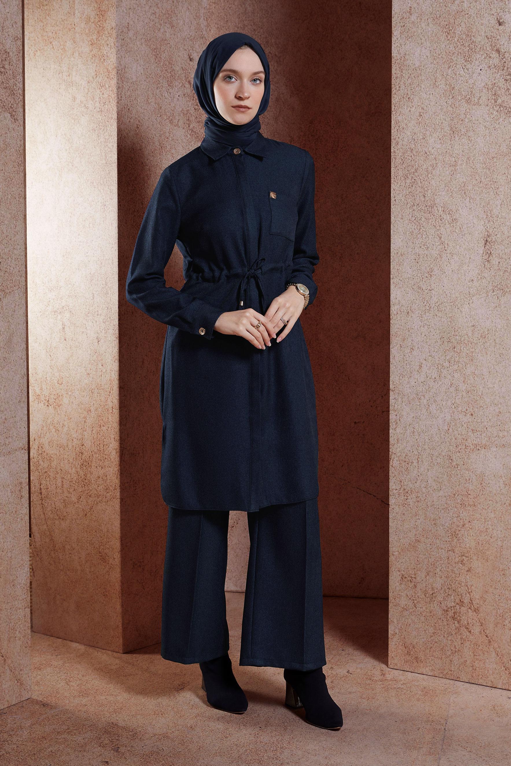 Tesettür giyim LACİVERT BELİ BÜZGÜLÜ TUNİK 45076