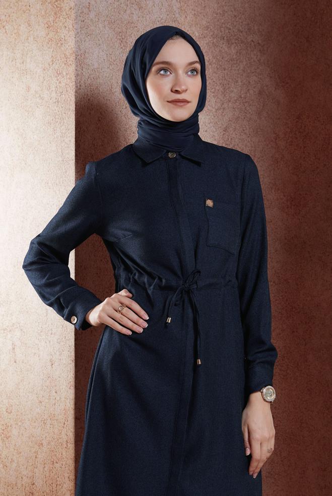 Tesettür giyim LACİVERT BELİ BÜZGÜLÜ TUNİK 45076 - ALVİNA