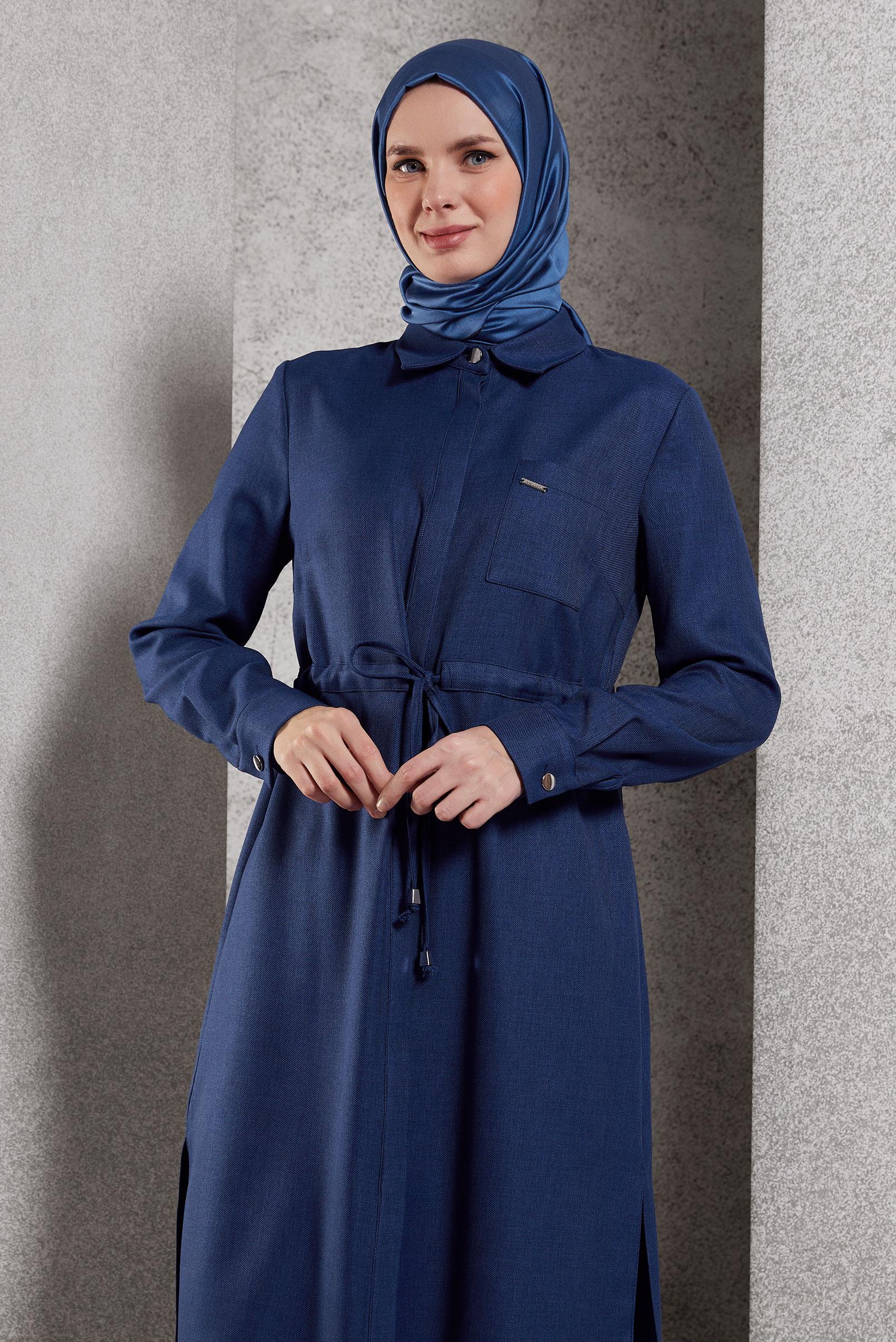 Tesettür giyim LACİVERT BELİ BÜZGÜLÜ TUNİK 45076