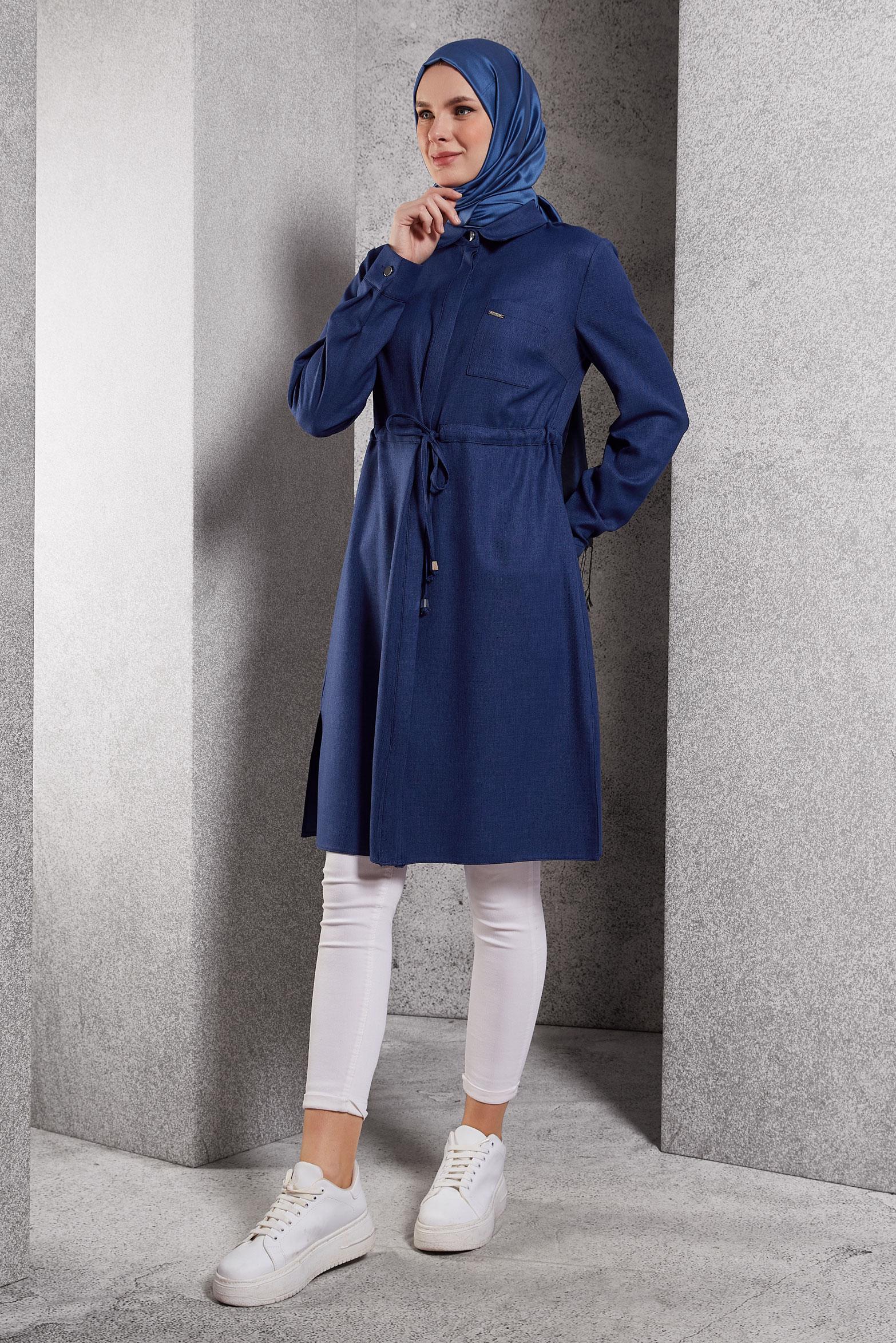 Tesettür giyim LACİVERT BELİ BÜZGÜLÜ TUNİK 45076