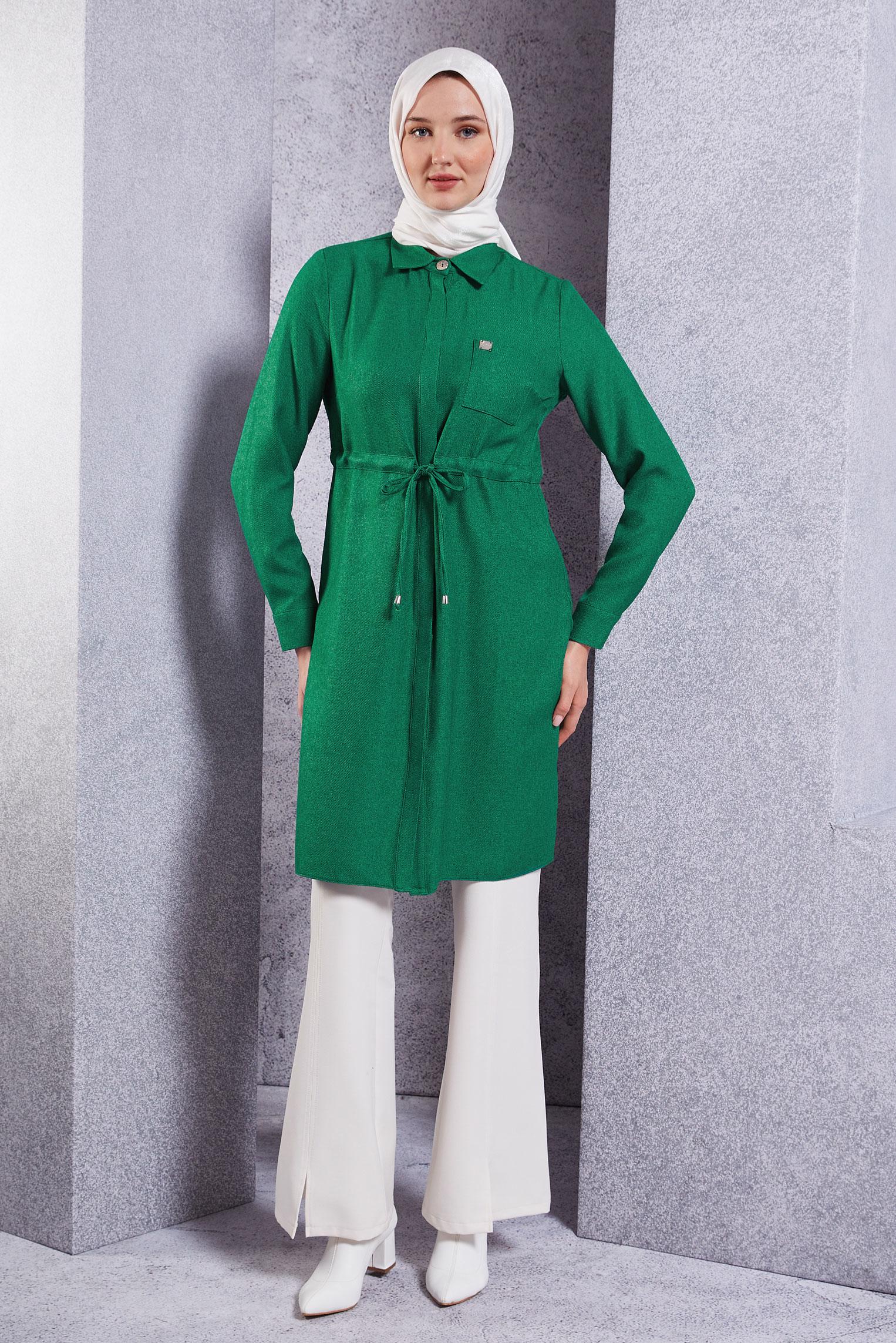 Tesettür giyim YEŞİL BELİ BÜZGÜLÜ TUNİK 45076