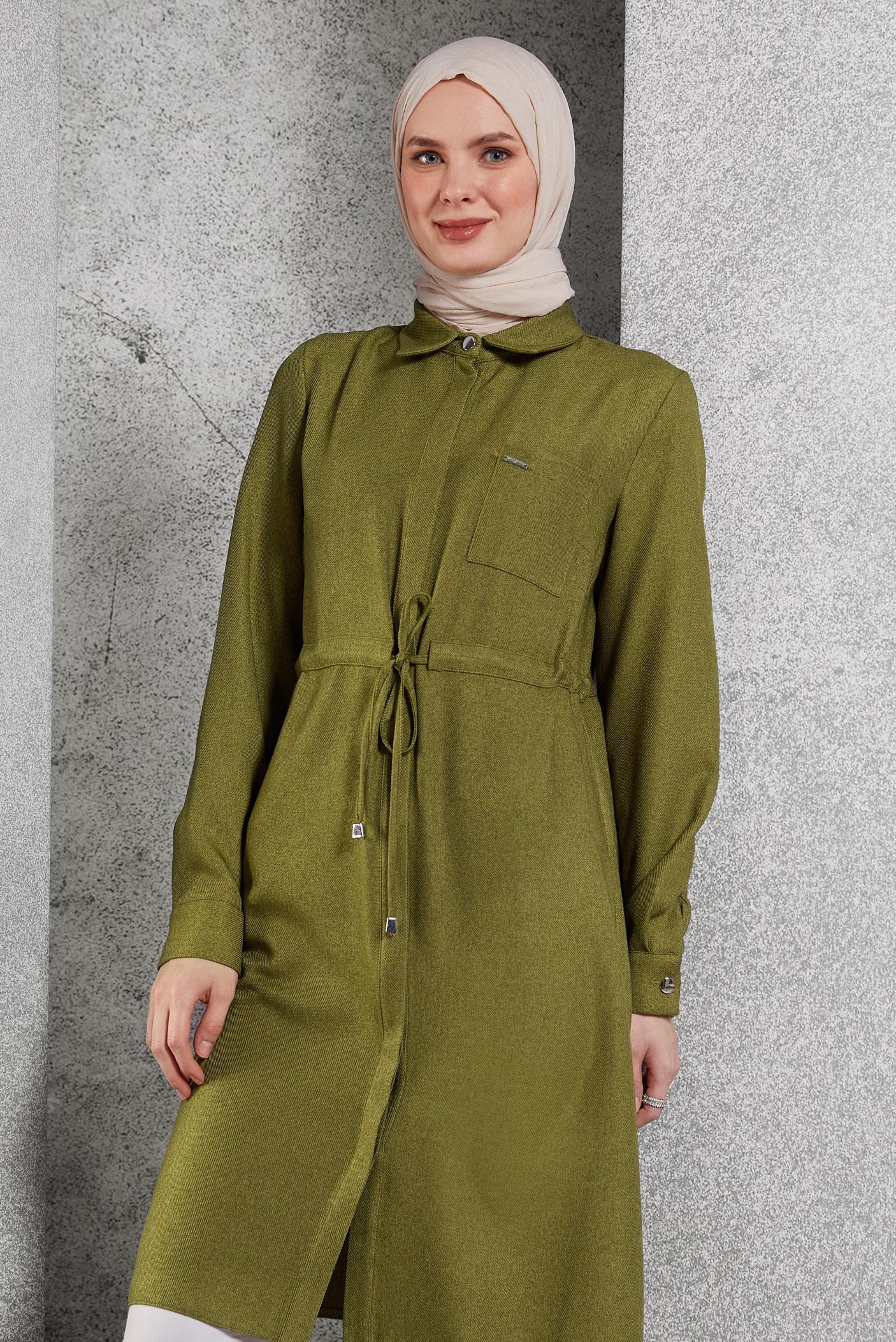 Tesettür giyim YEŞİL BELİ BÜZGÜLÜ TUNİK 45076