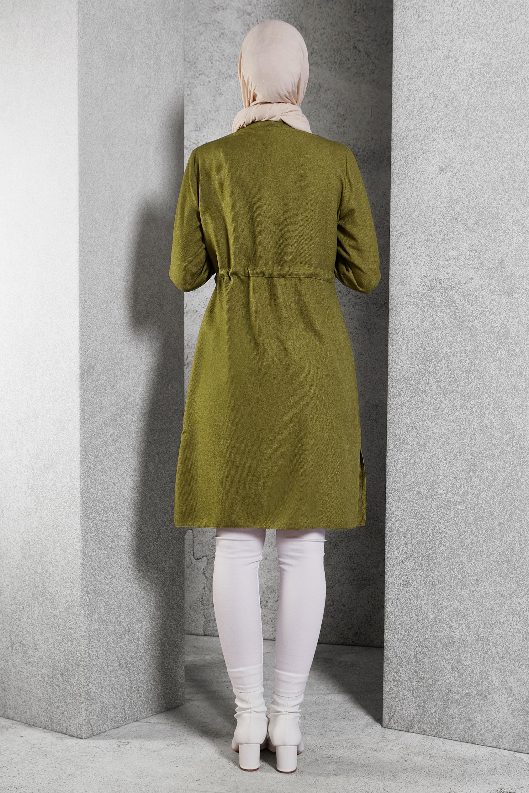 Tesettür giyim YEŞİL BELİ BÜZGÜLÜ TUNİK 45076