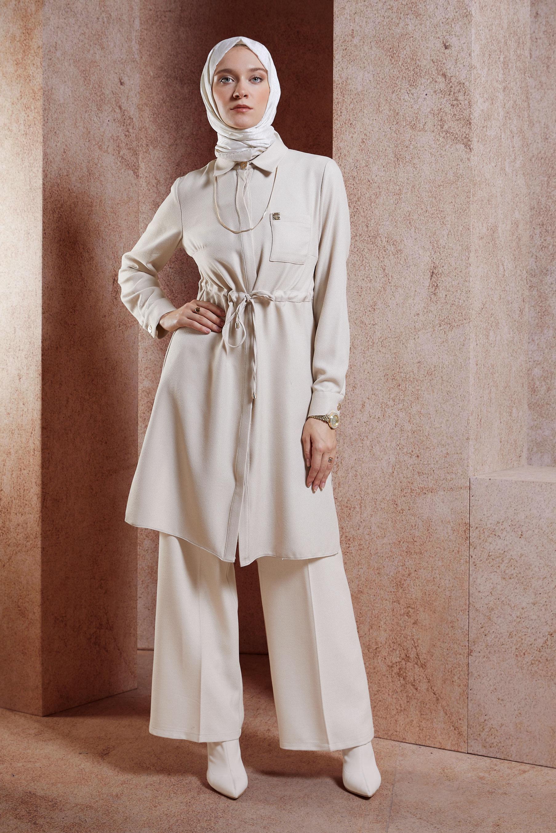 Tesettür giyim EKRU BELİ BÜZGÜLÜ TUNİK 45076