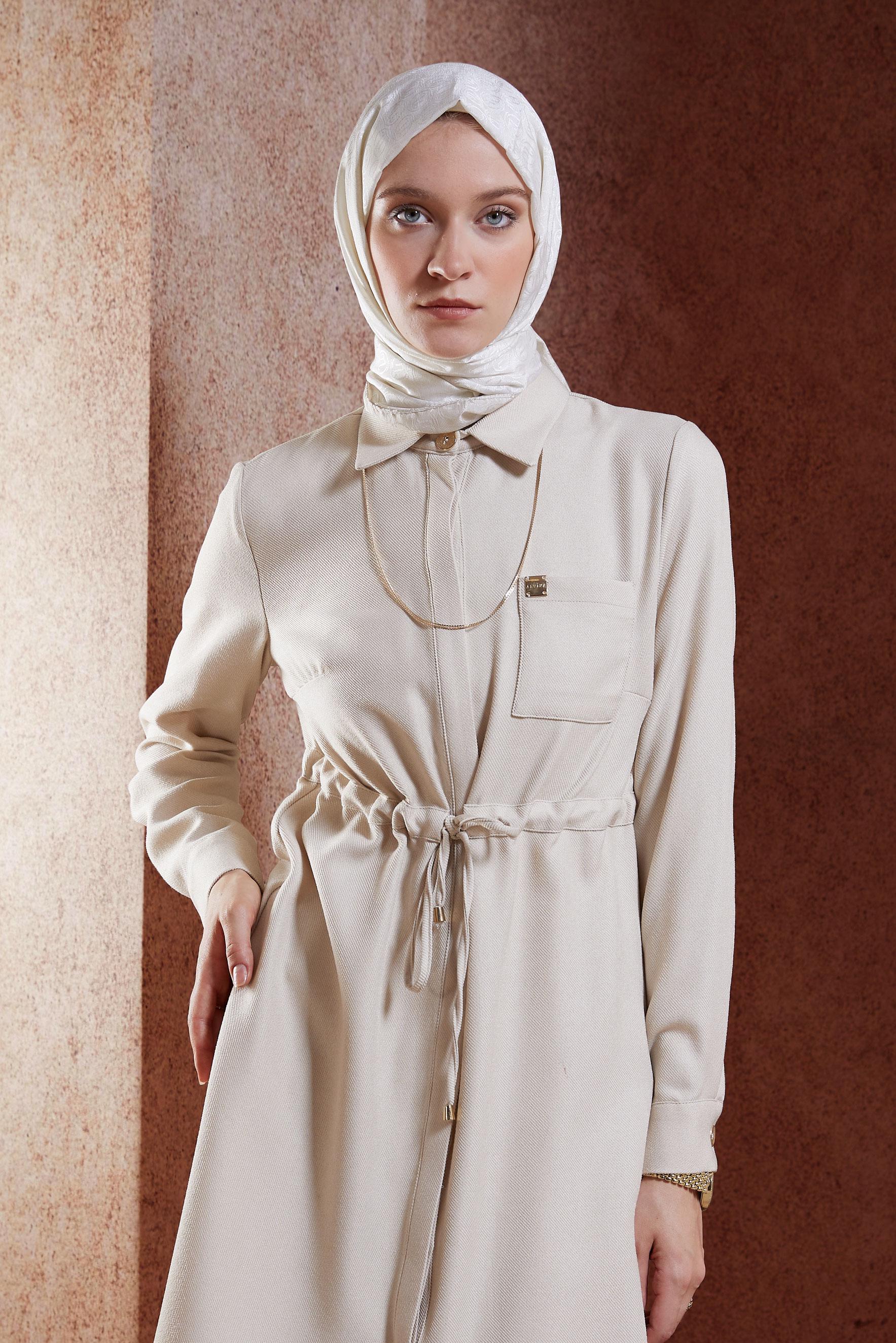 Tesettür giyim EKRU BELİ BÜZGÜLÜ TUNİK 45076