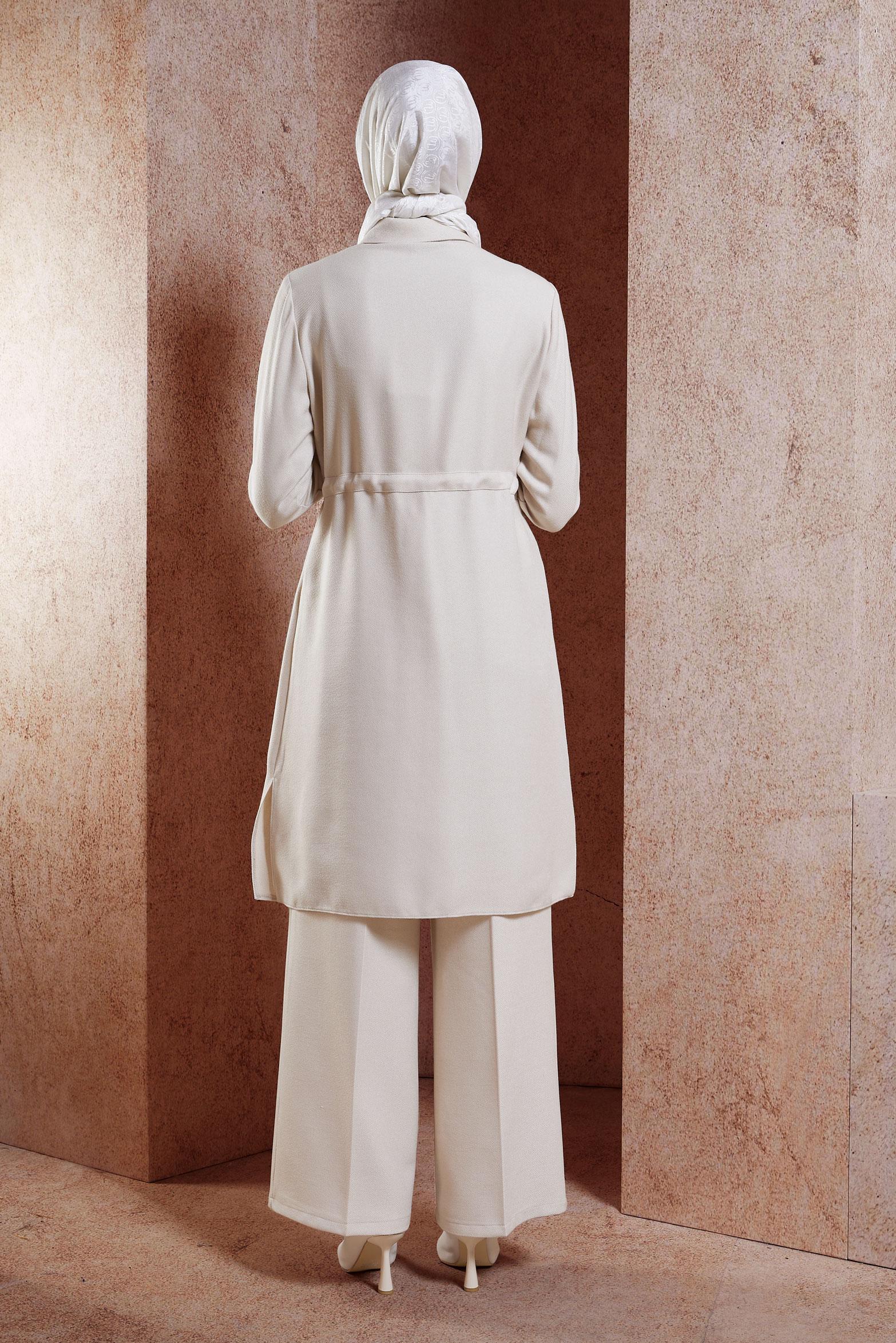 Tesettür giyim EKRU BELİ BÜZGÜLÜ TUNİK 45076