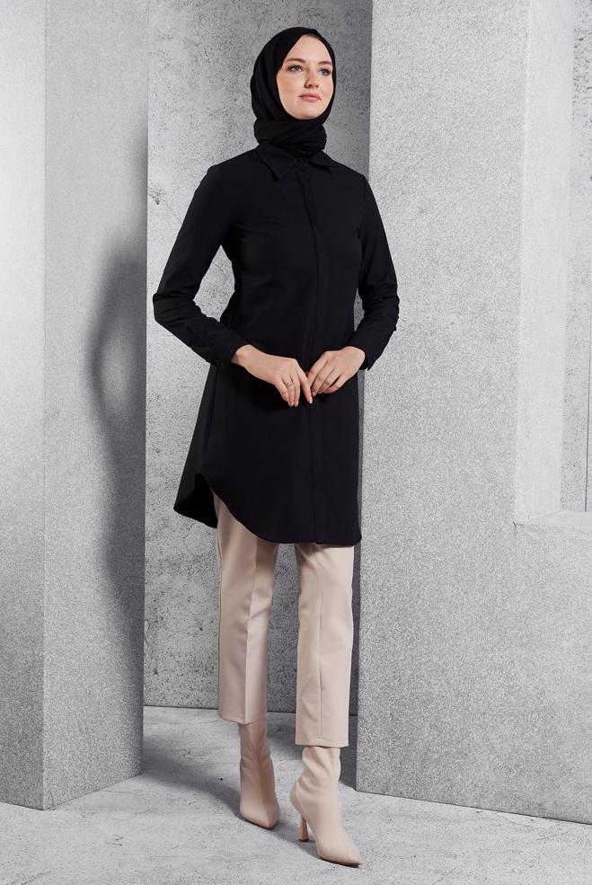 Vêtements hijab NOIR TUNIQUE MODESTE À COL CHEMISE 45079 - ALVİNA