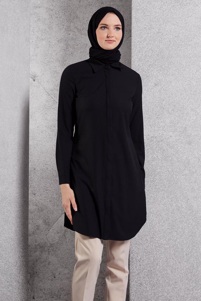 Vêtements hijab NOIR TUNIQUE MODESTE À COL CHEMISE 45079 - ALVİNA