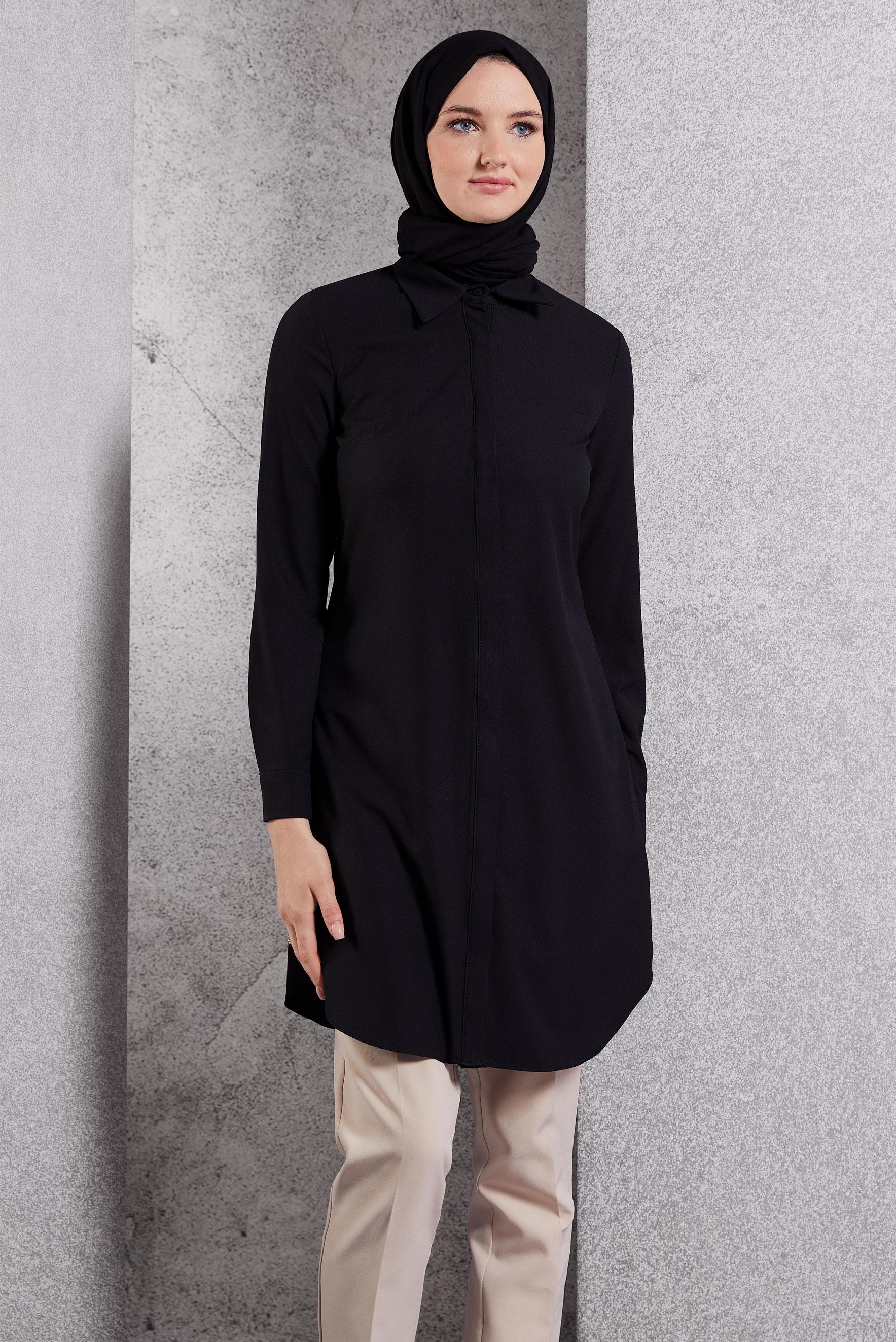 Tesettür giyim SİYAH GÖMLEK YAKA TESETTÜR TUNİK 45079