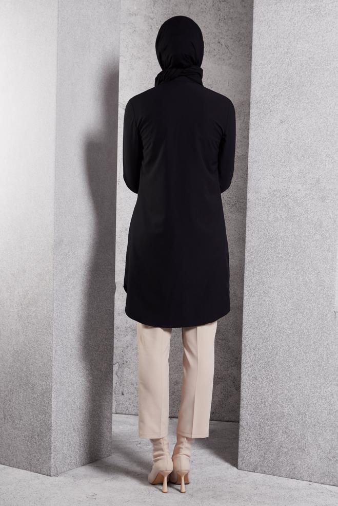 Vêtements hijab NOIR TUNIQUE MODESTE À COL CHEMISE 45079 - ALVİNA