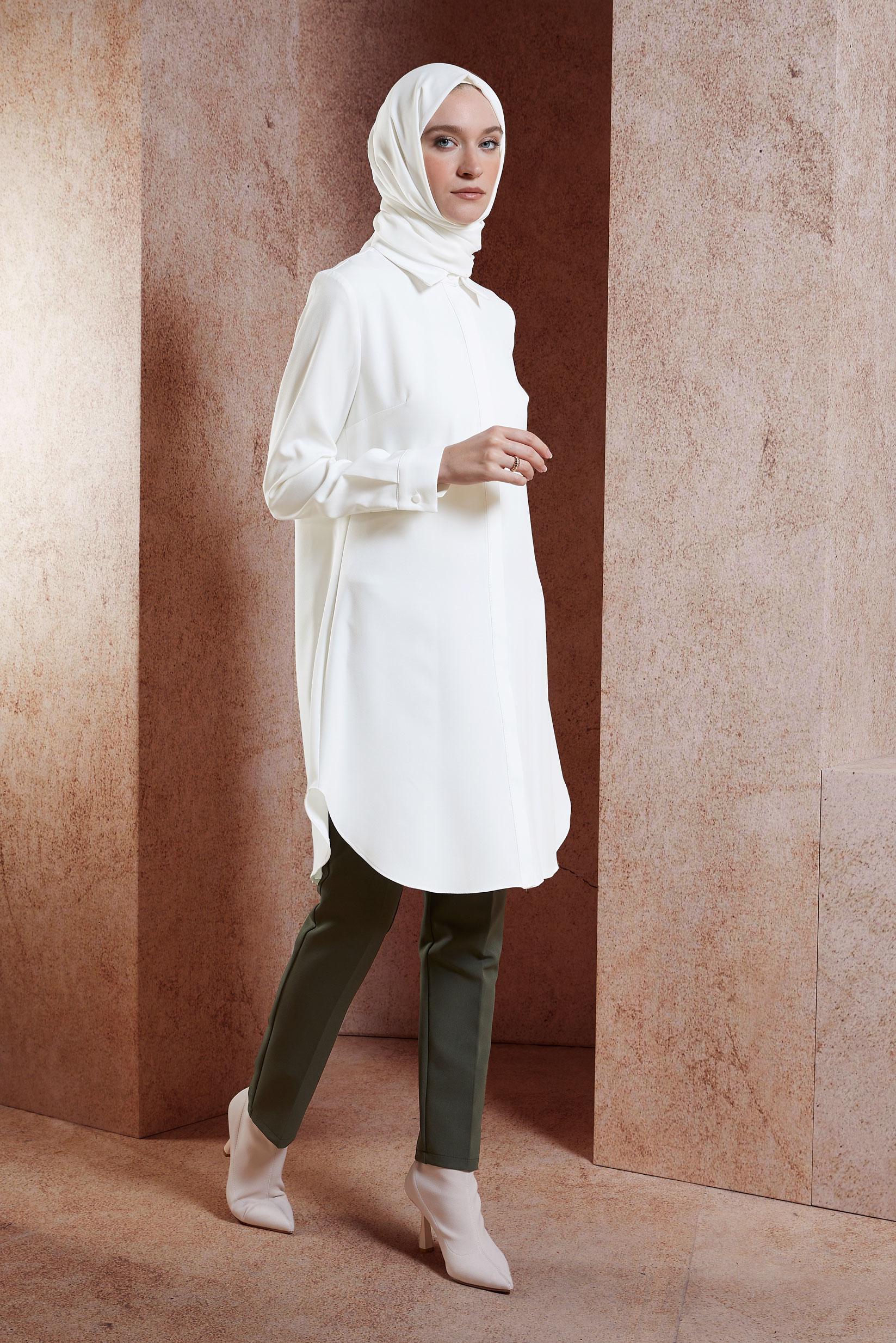 Tesettür giyim BEYAZ GÖMLEK YAKA TESETTÜR TUNİK 45079