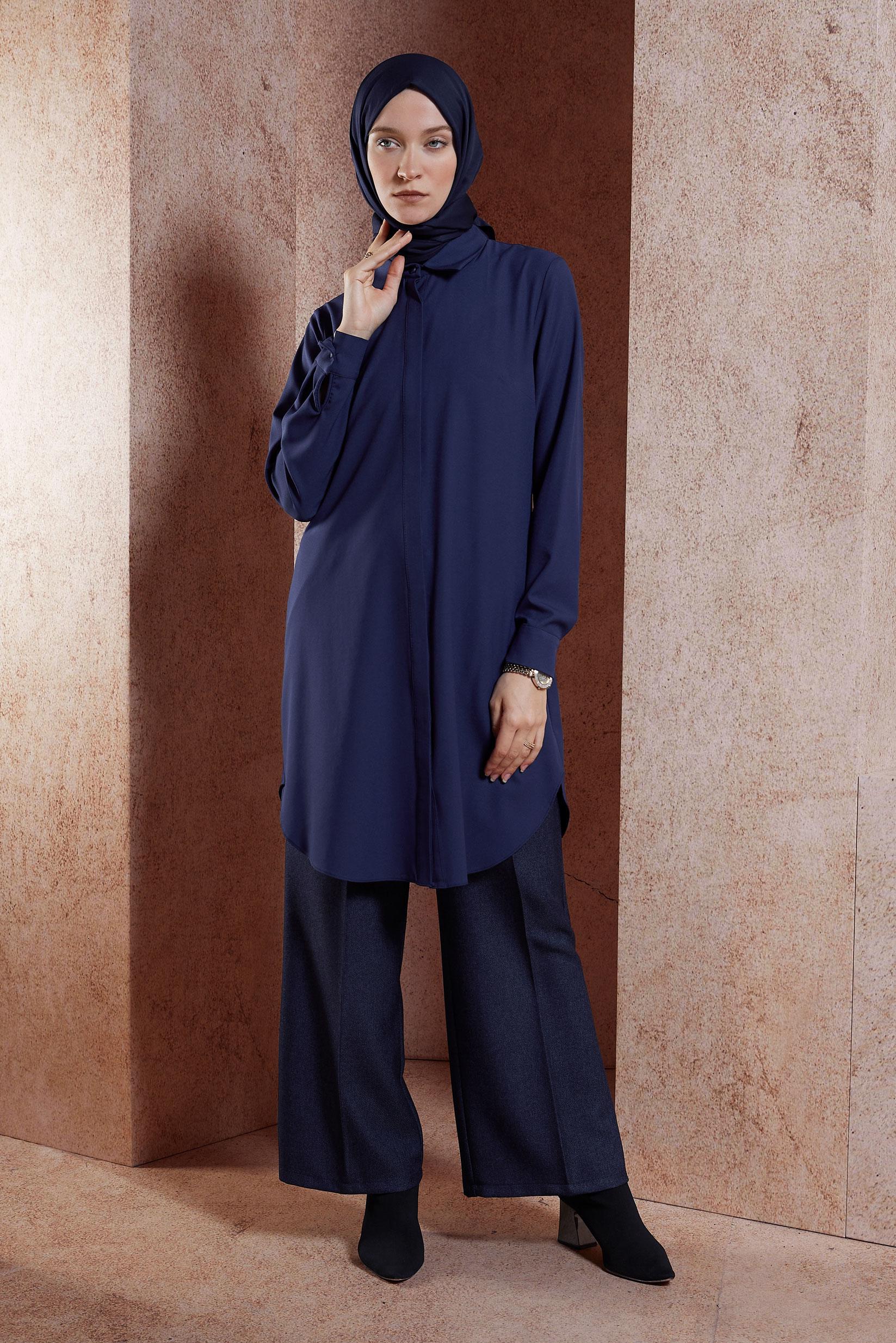 Tesettür giyim LACİVERT GÖMLEK YAKA TESETTÜR TUNİK 45079