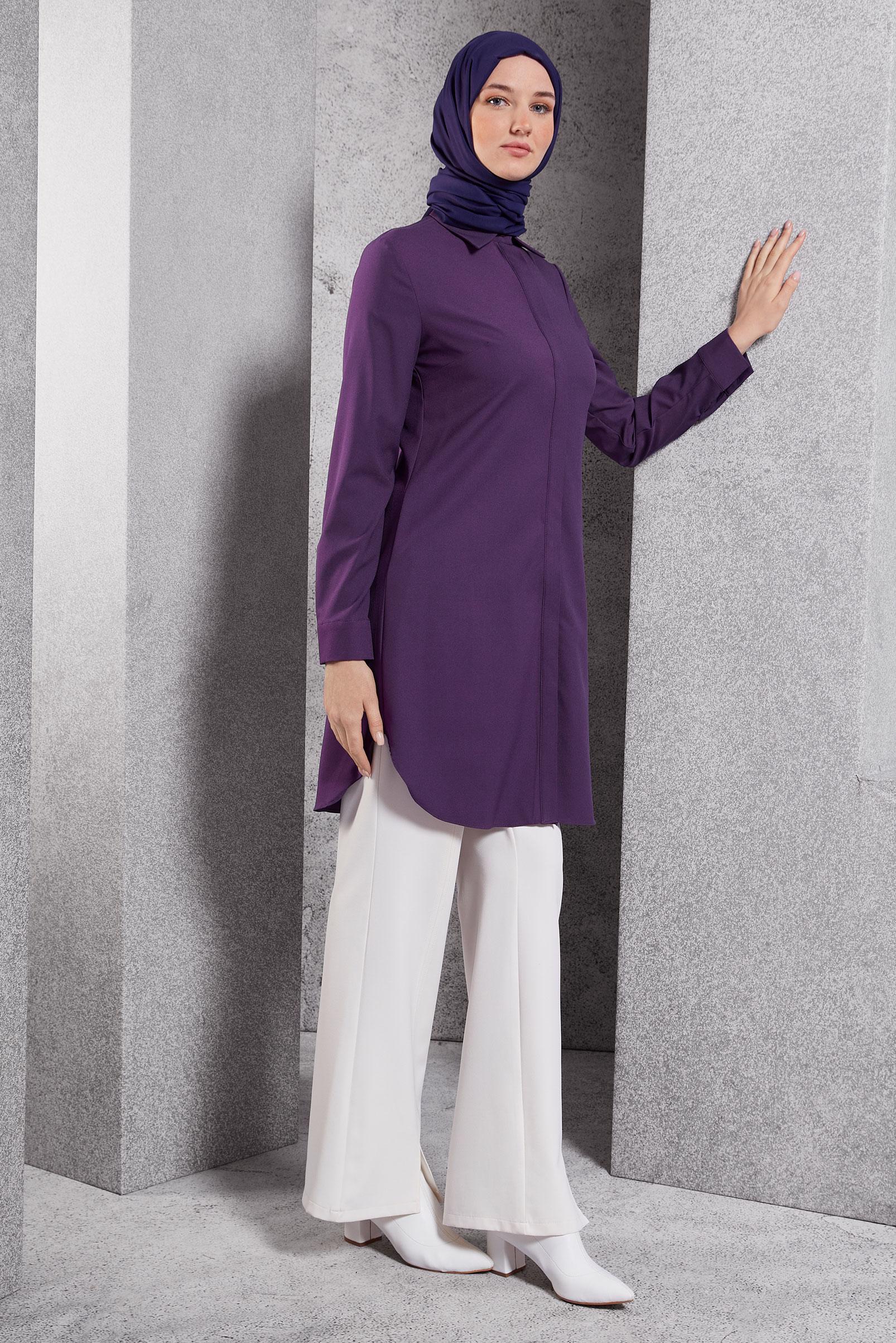 Tesettür giyim MOR GÖMLEK YAKA TESETTÜR TUNİK 45079